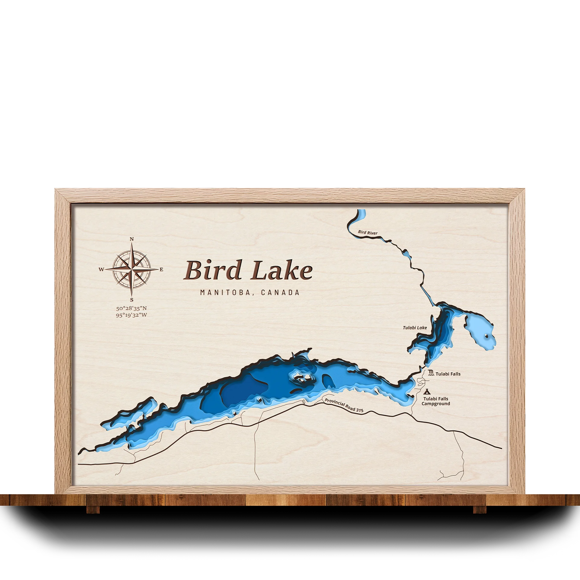 Handcrafted 3D wooden map of Bird Lake Manitoba, 5 water levels and oak frame