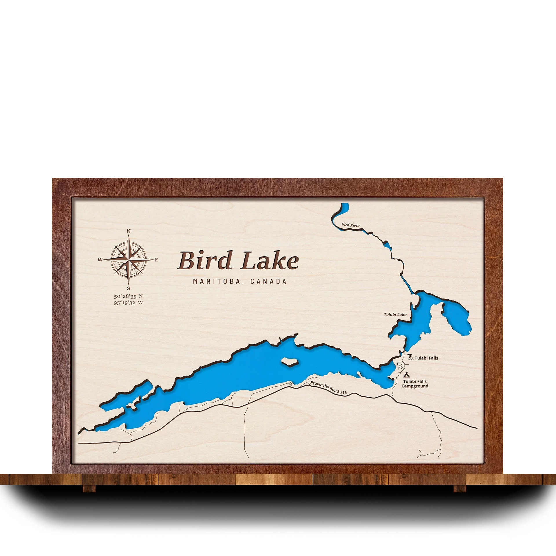 Handcrafted 3D wooden map of Bird Lake Manitoba, one water level and plywood frame
