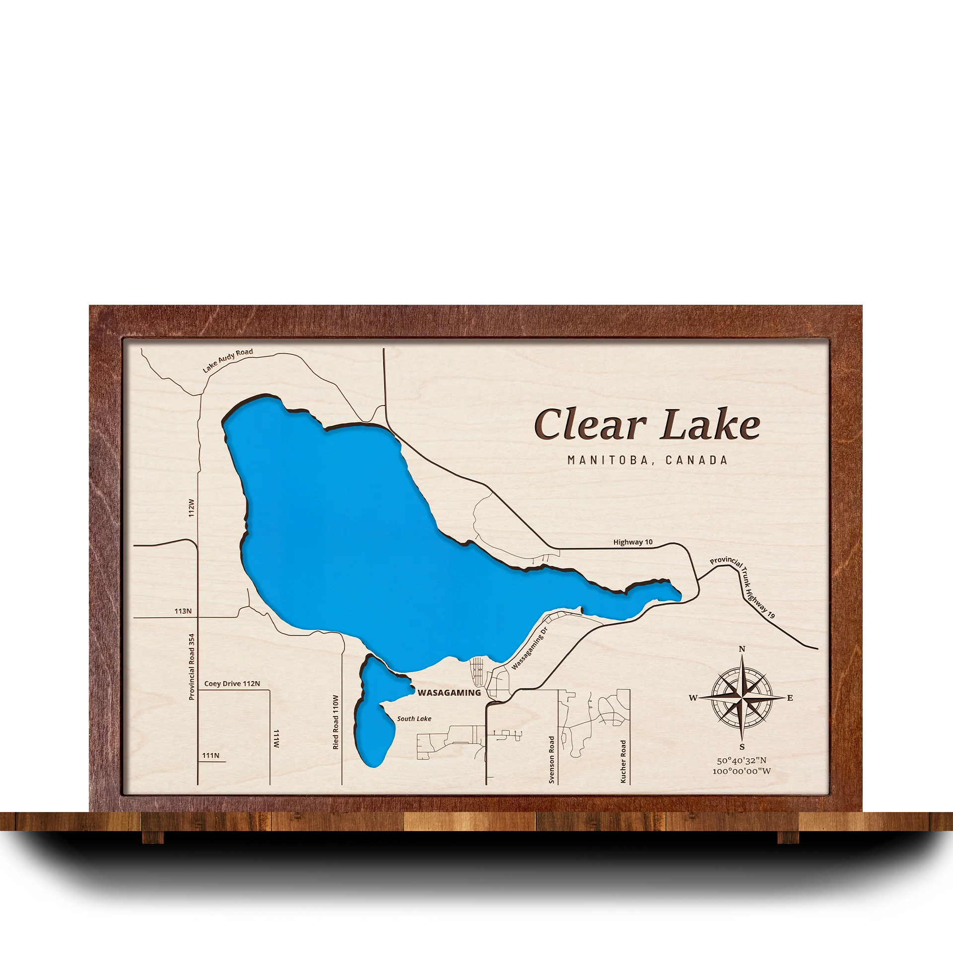 Handcrafted 3D wooden map of Clear Lake Manitoba, one water level and plywood frame