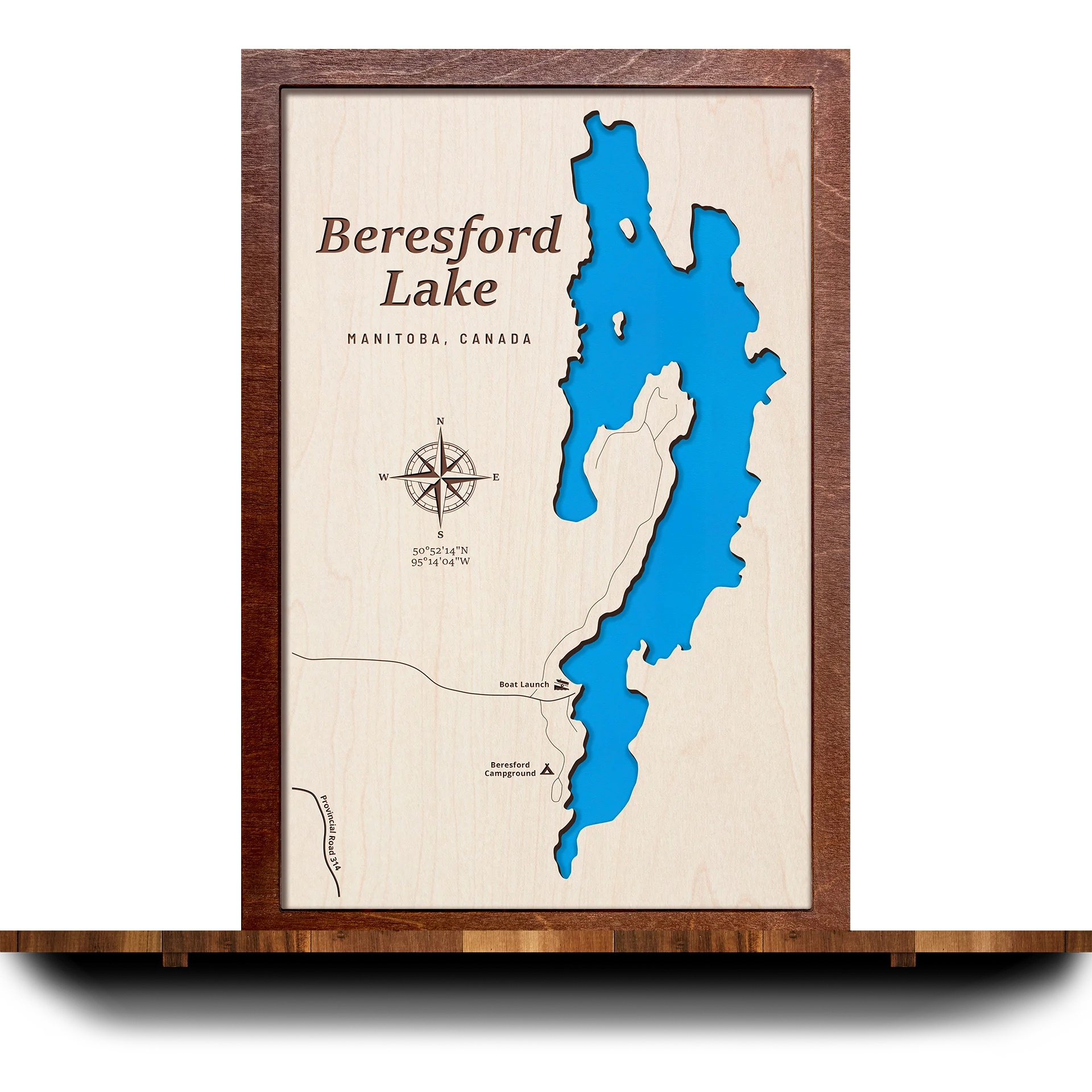 Handcrafted 3D wooden map of Beresford Lake Manitoba, one water level and plywood frame
