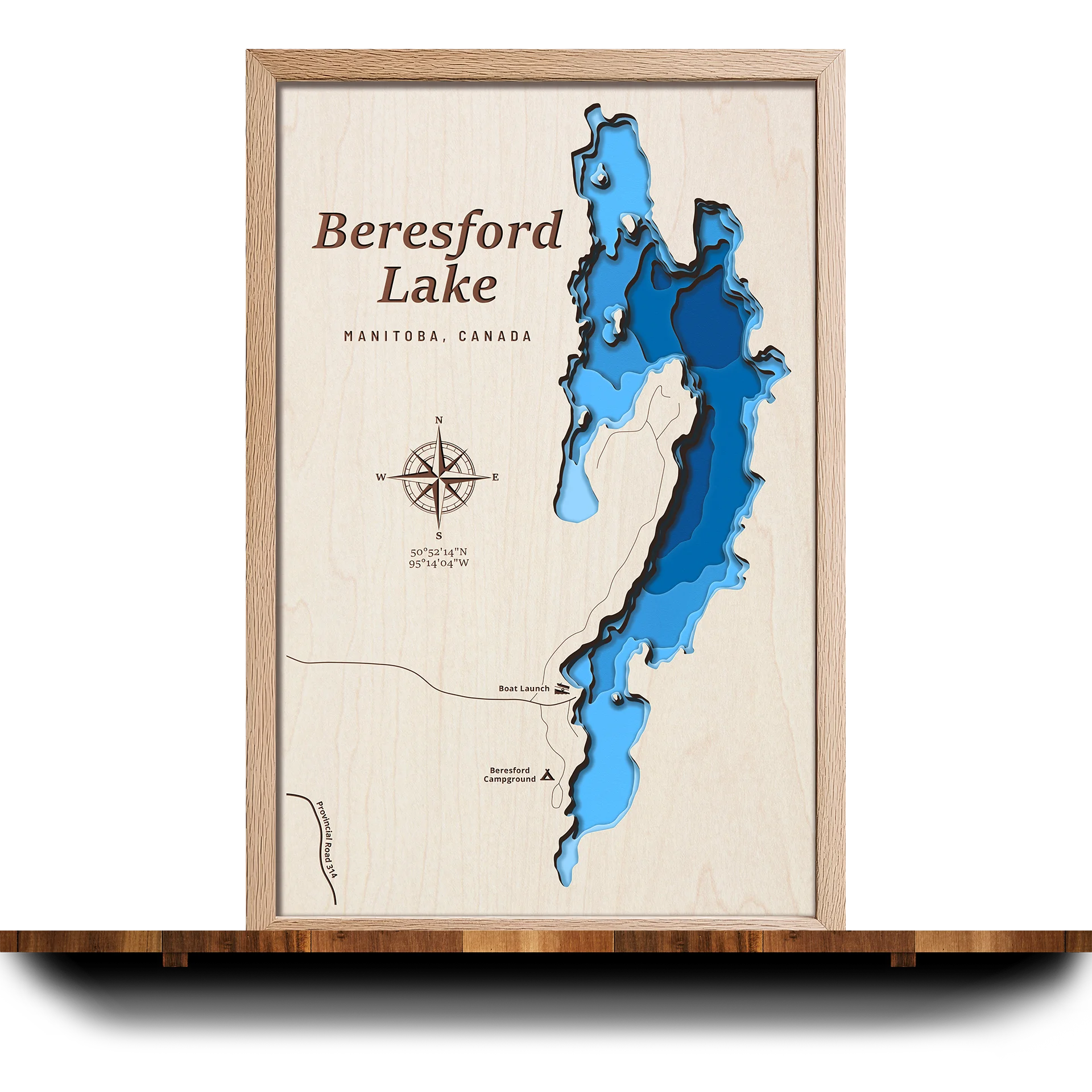 Handcrafted 3D wooden map of Beresford Lake Manitoba, 5 water levels and oak frame