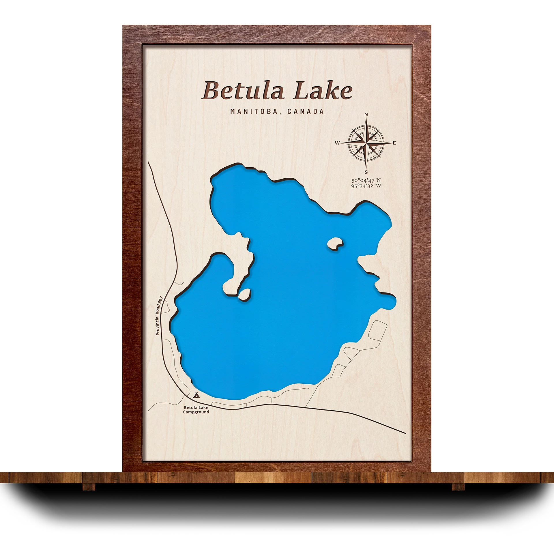 Handcrafted 3D wooden map of Betula Lake Manitoba, one water level and plywood frame