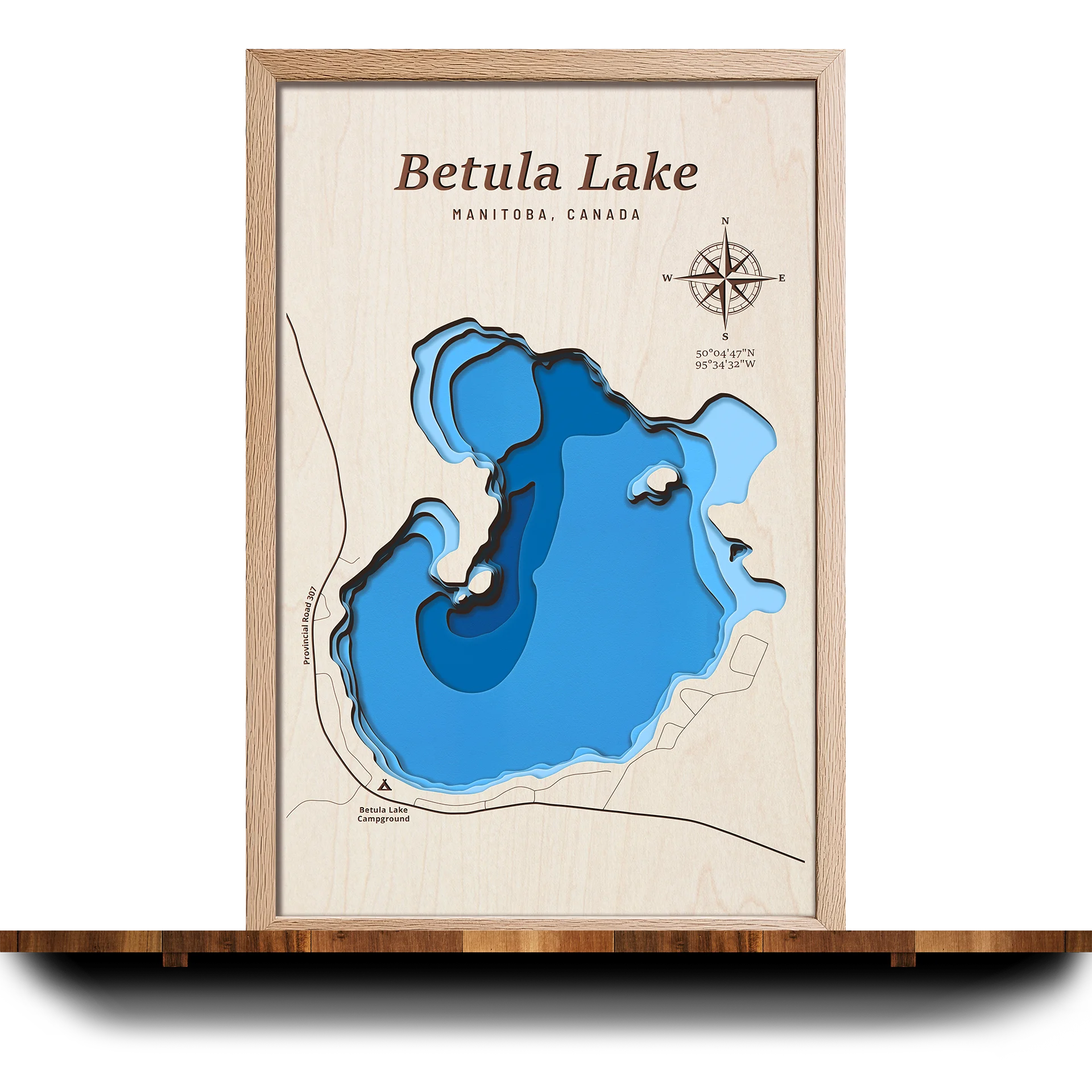Handcrafted 3D wooden map of Betula Lake Manitoba, 5 water levels and oak frame
