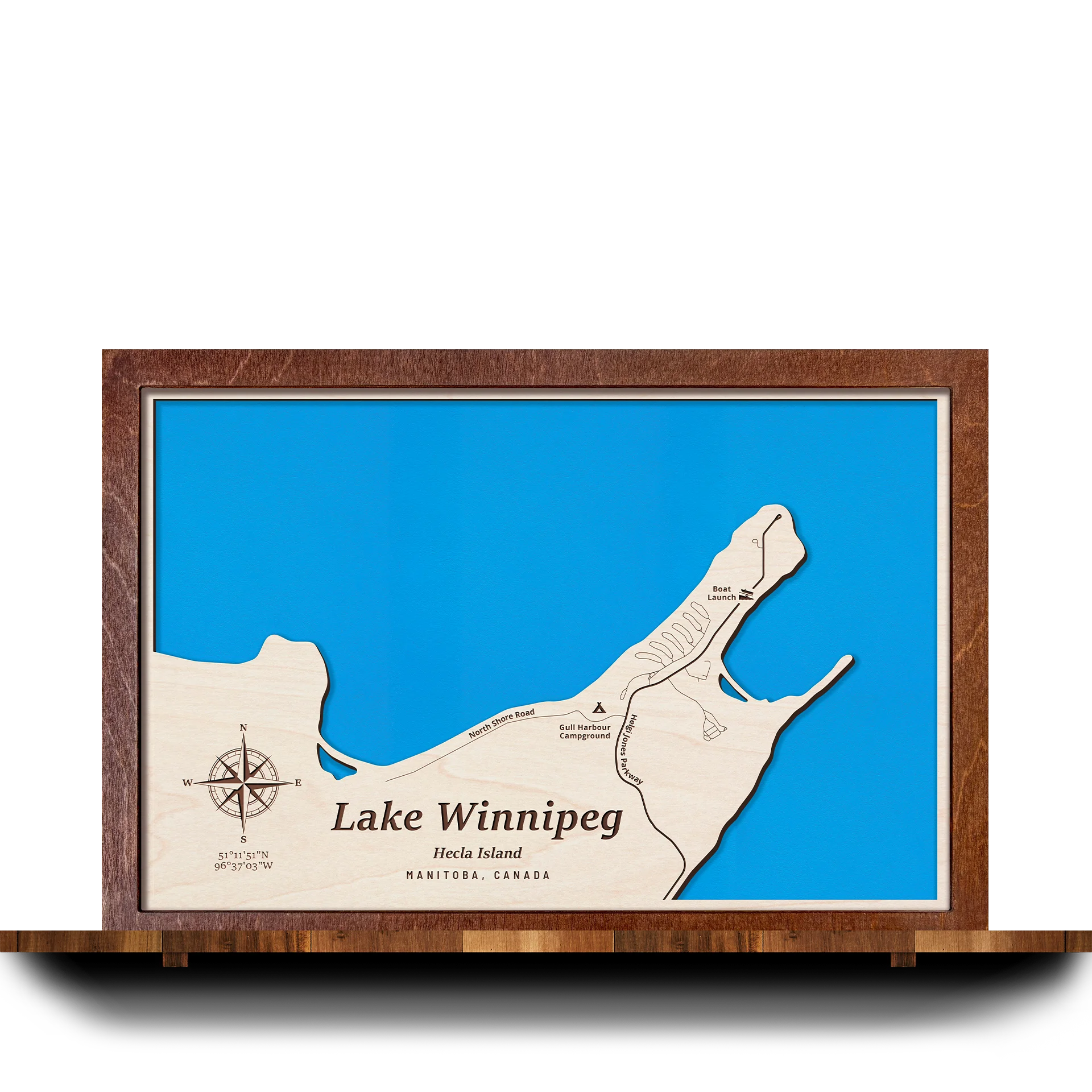 Handcrafted 3D wooden map of Lake Winnipeg (Hecla Island) Manitoba, one water level and plywood frame