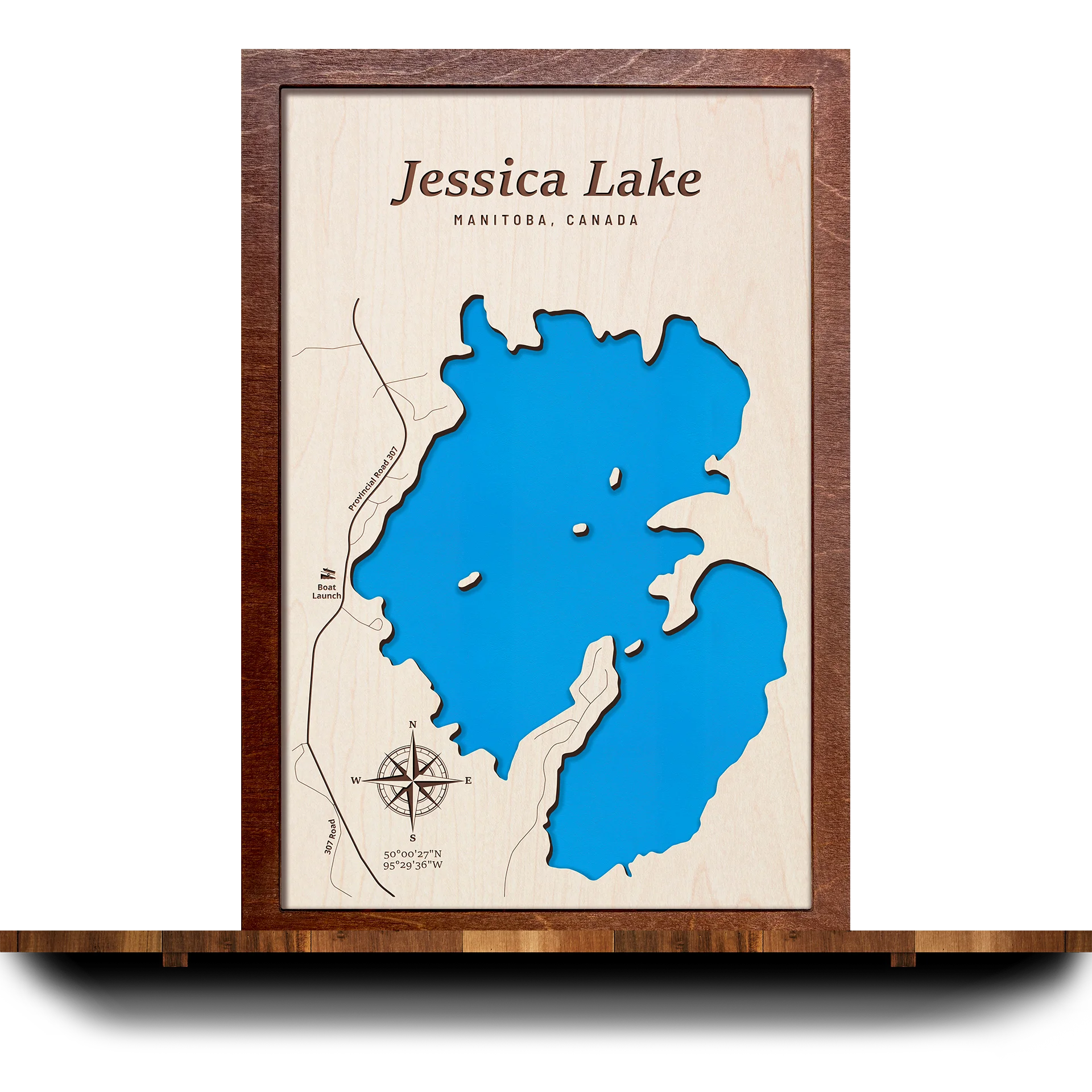 Handcrafted 3D wooden map of Jessica Lake Manitoba, one water level and plywood frame