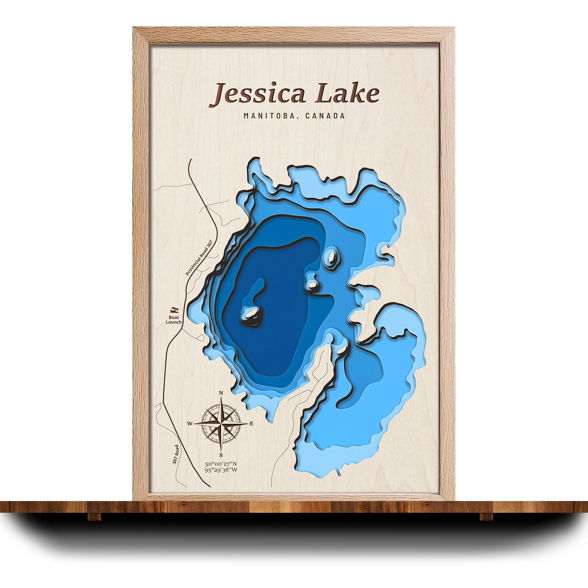 Handcrafted 3D wooden map of Jessica Lake Manitoba, 5 water levels and oak frame