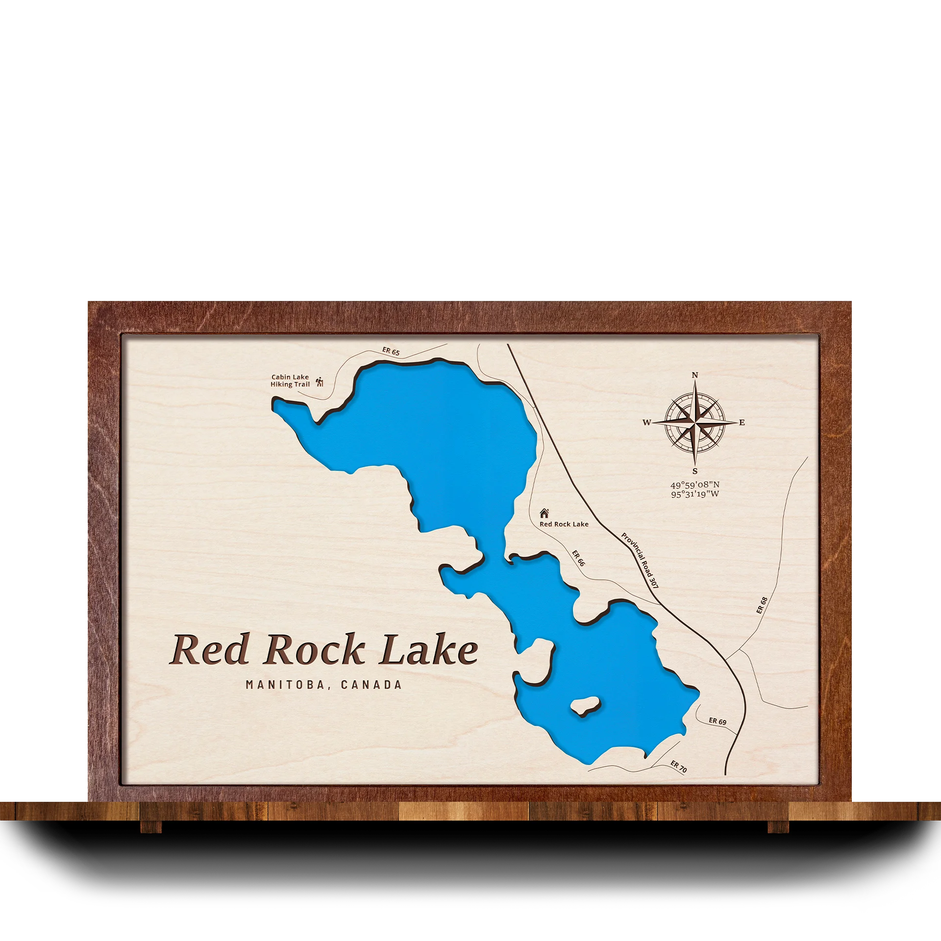 Handcrafted 3D wooden map of Red Rock Lake Manitoba, one water level and plywood frame