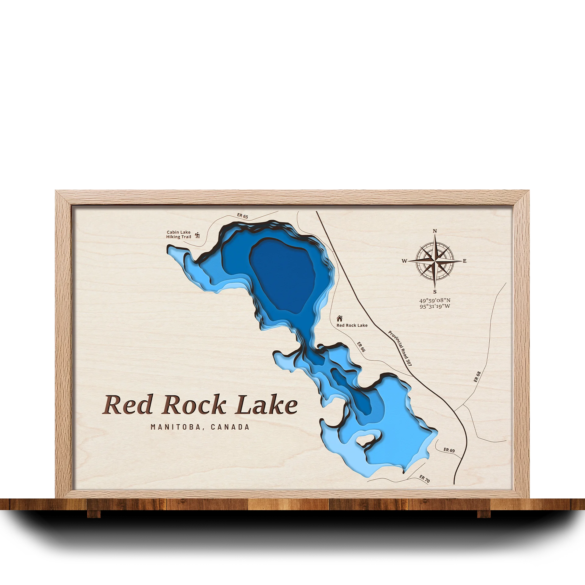 Handcrafted 3D wooden map of Red Rock Lake Manitoba, 5 water levels and oak frame