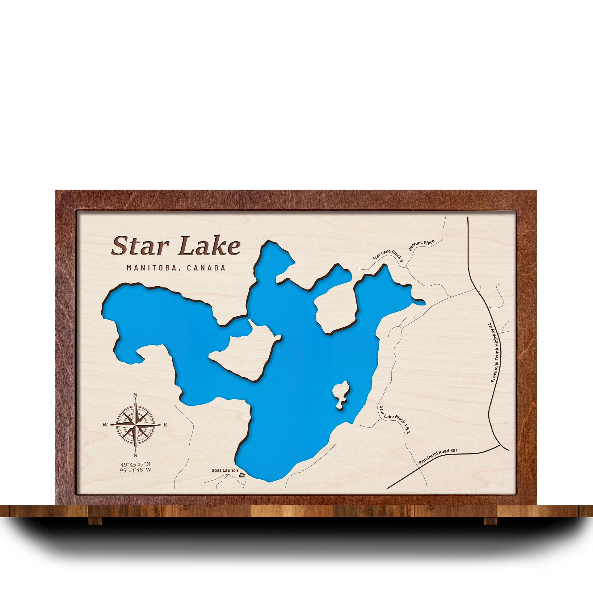 Handcrafted 3D wooden map of Star Lake Manitoba, one water level and plywood frame
