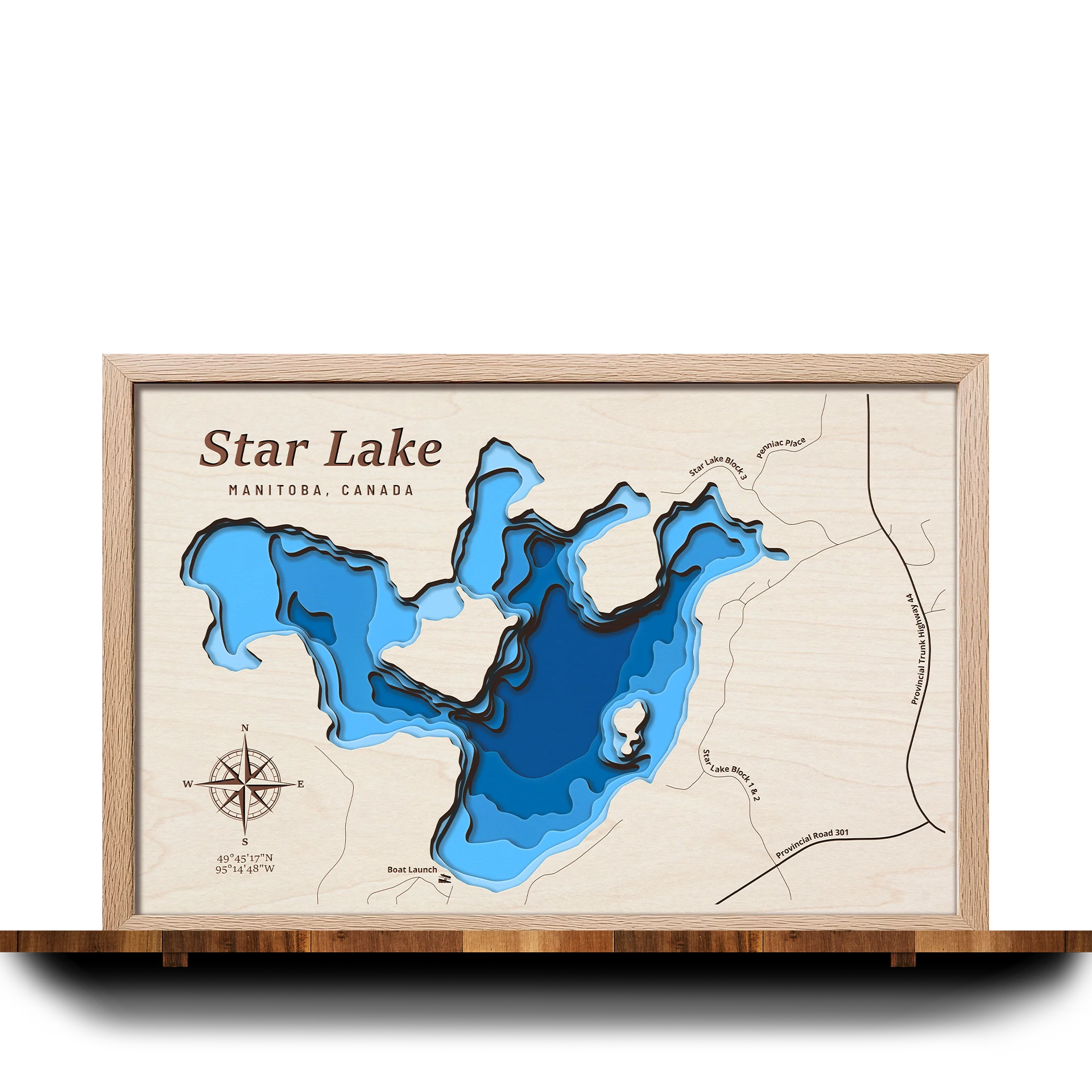 Handcrafted 3D wooden map of Star Lake Manitoba, 5 water levels and oak frame