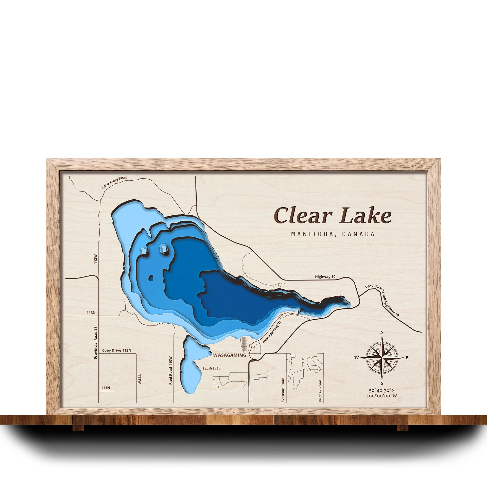 Handcrafted 3D wooden map of Clear Lake Manitoba, 5 water levels and oak frame