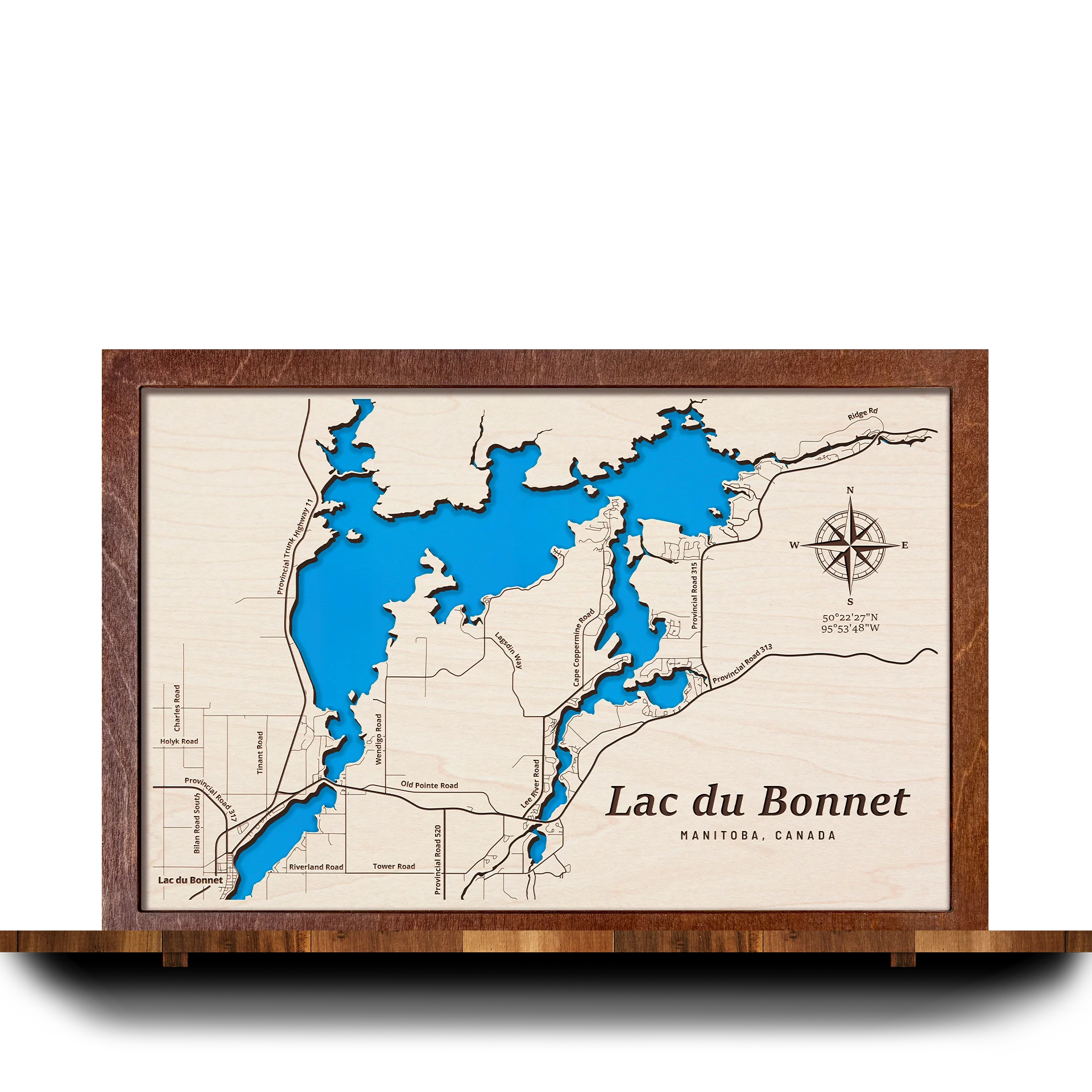 Handcrafted 3D wooden map of Lac du Bonnet Manitoba, one water level and plywood frame