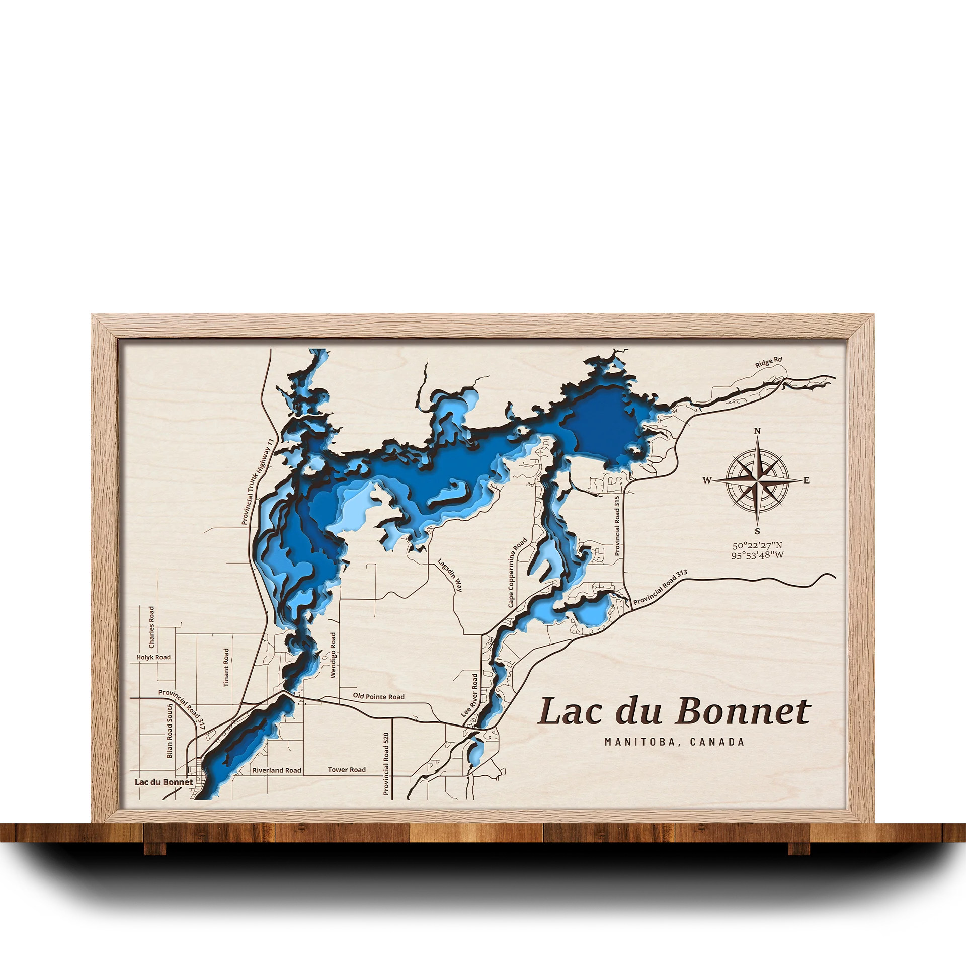 Handcrafted 3D wooden map of Lac du Bonnet Manitoba, 5 water levels and oak frame