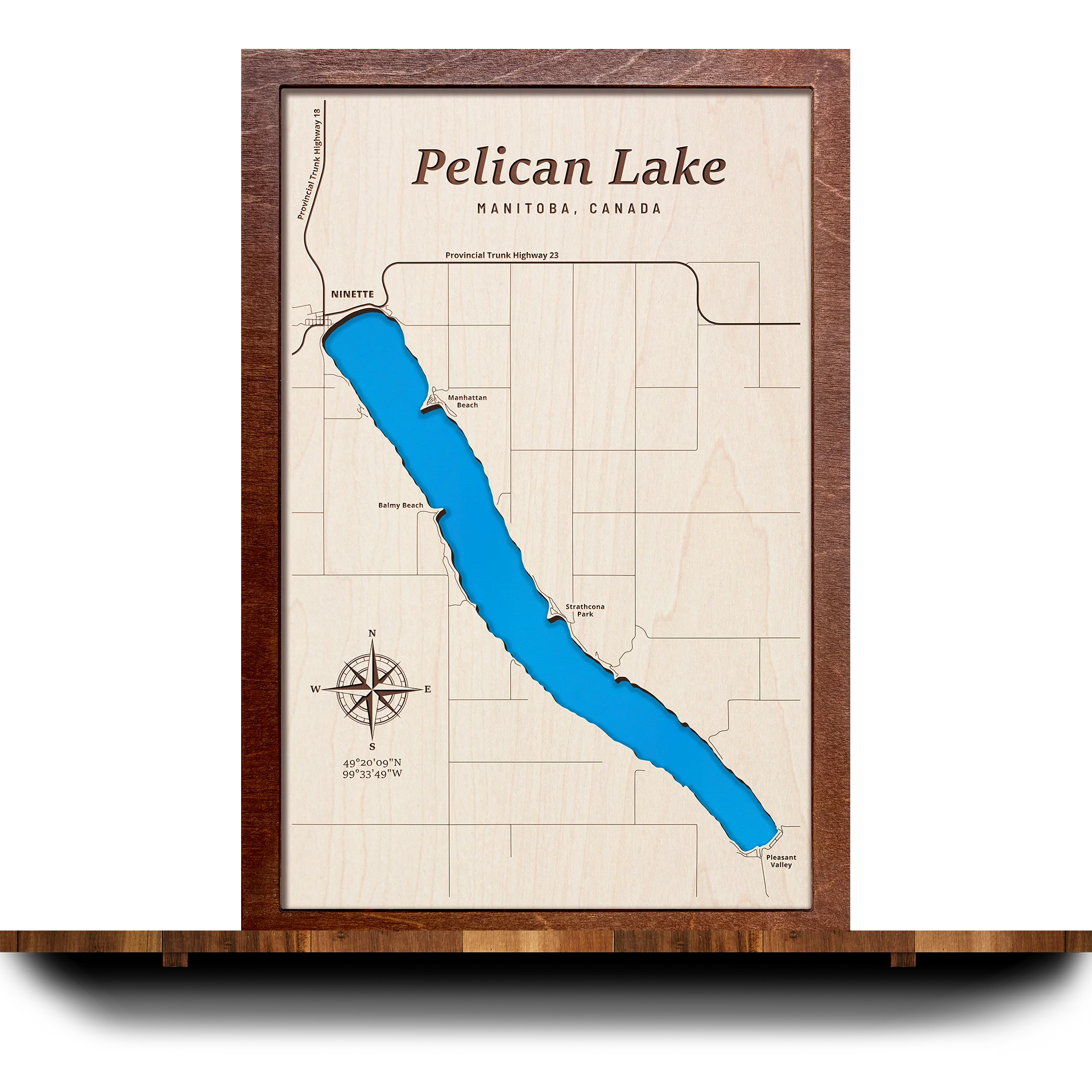 Handcrafted 3D wooden map of Pelican Lake Manitoba, one water level and plywood frame