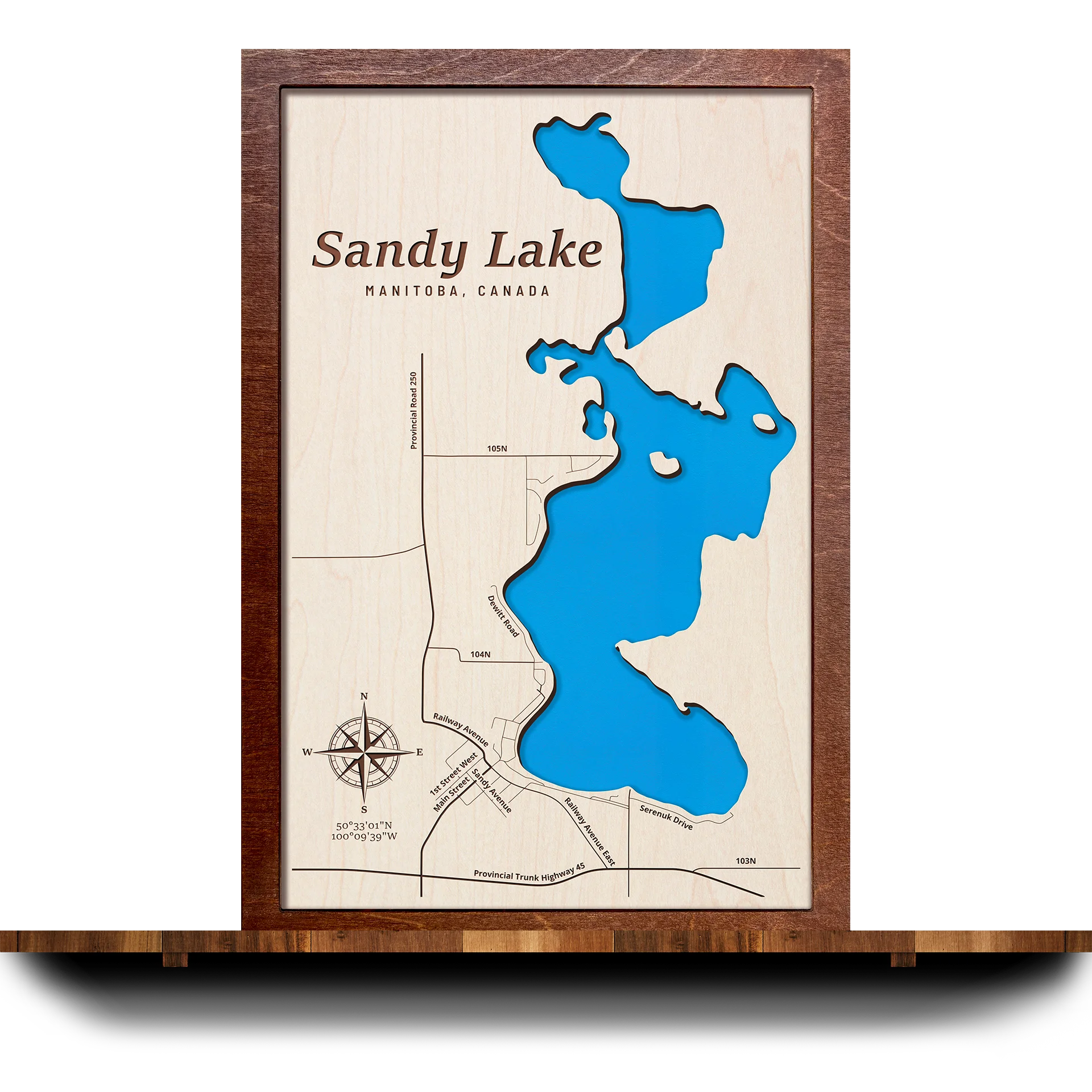 Handcrafted 3D wooden map of Sandy Lake Manitoba, one water level and plywood frame