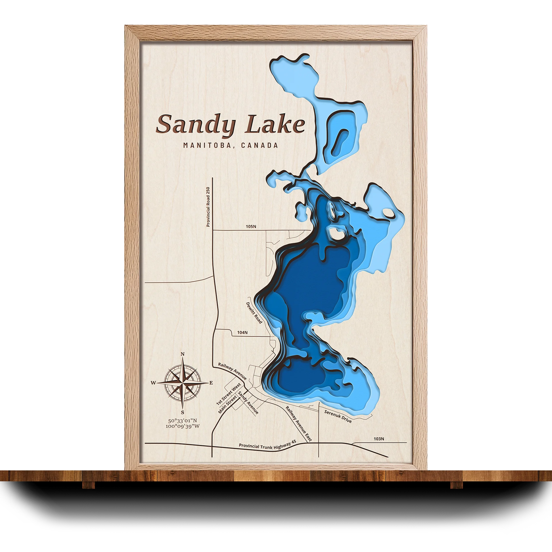 Handcrafted 3D wooden map of Sandy Lake Manitoba, 5 water levels and oak frame