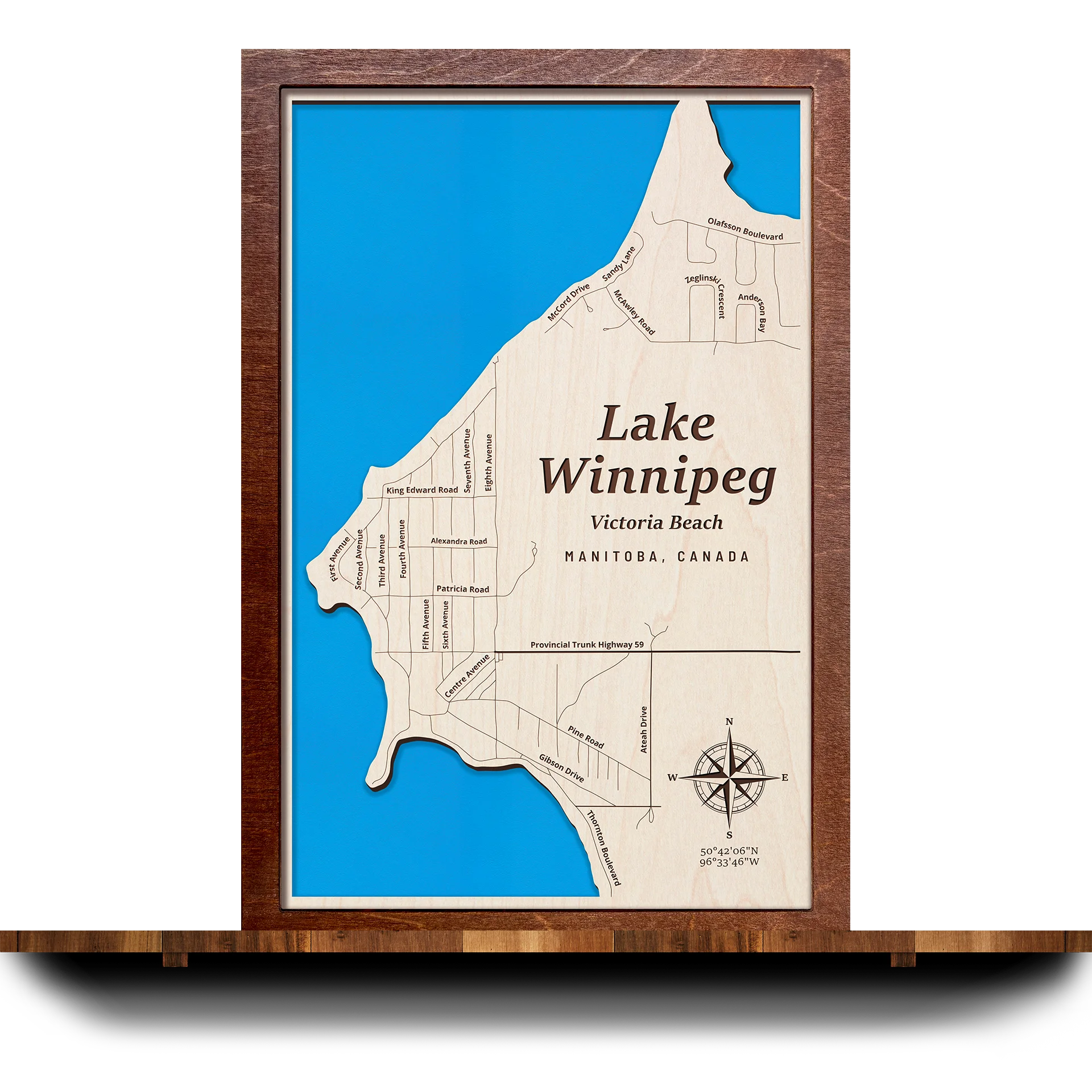 Handcrafted 3D wooden map of Lake Winnipeg (Victoria Beach) Manitoba, one water level and plywood frame