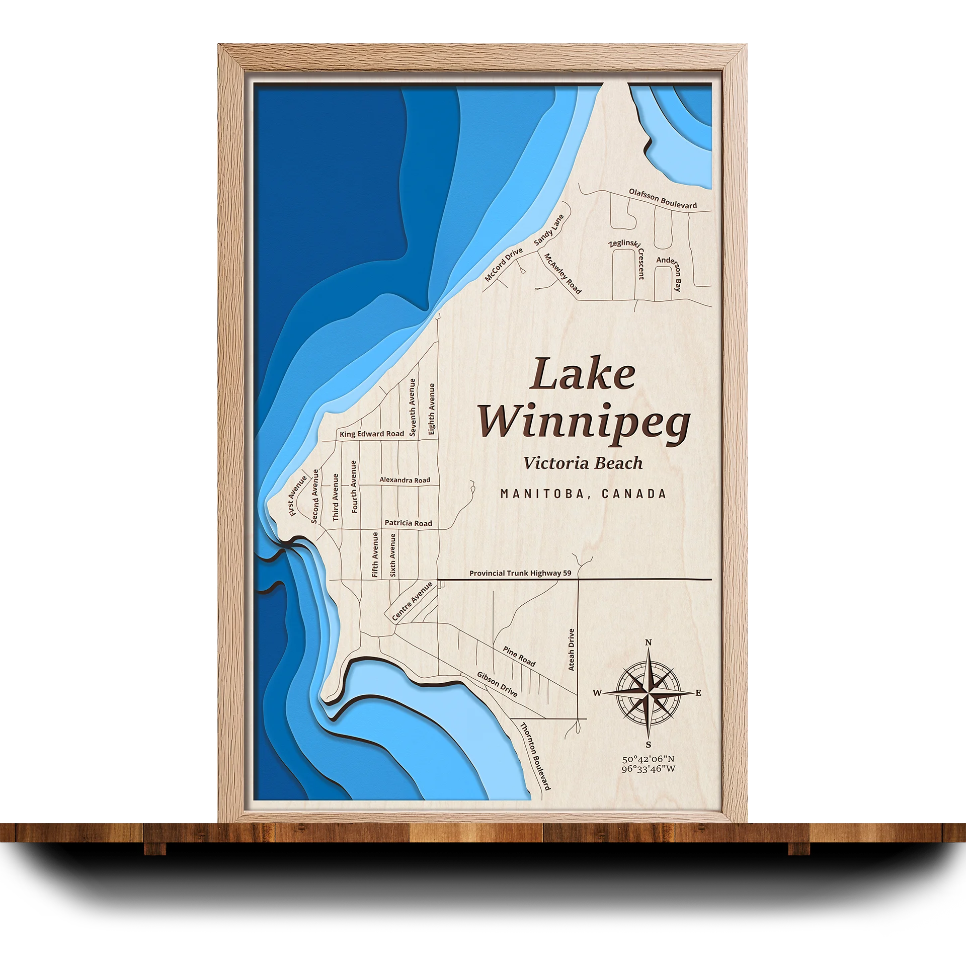 Handcrafted 3D wooden map of Lake Winnipeg (Victoria Beach) Manitoba, 5 water levels and oak frame