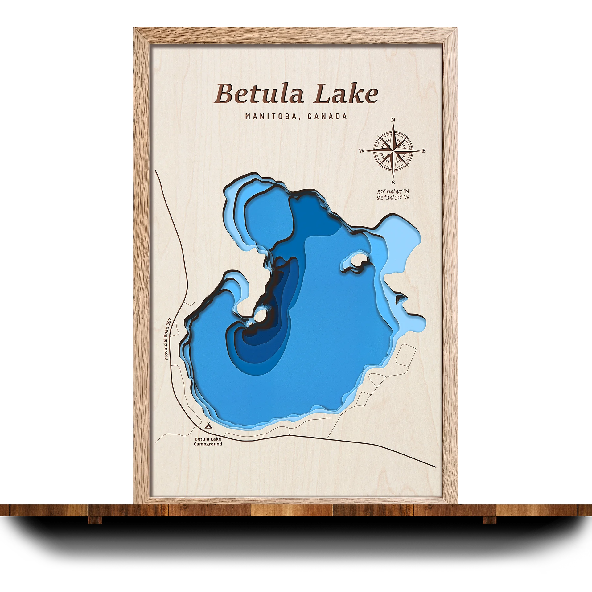 Handcrafted 3D wooden map of Betula Lake Manitoba, 7 water levels and oak frame