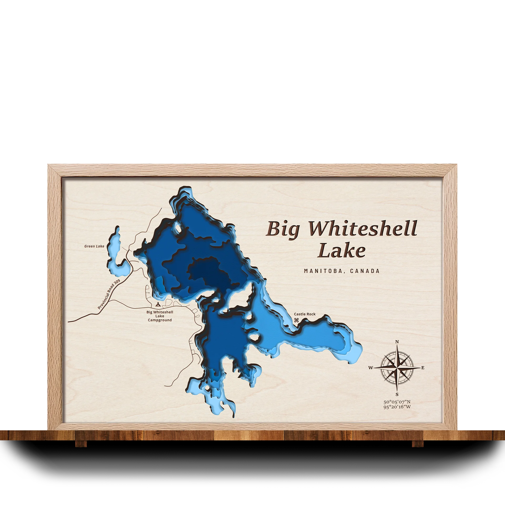 Handcrafted 3D wooden map of Big Whiteshell Lake Manitoba, 5 water levels and oak frame