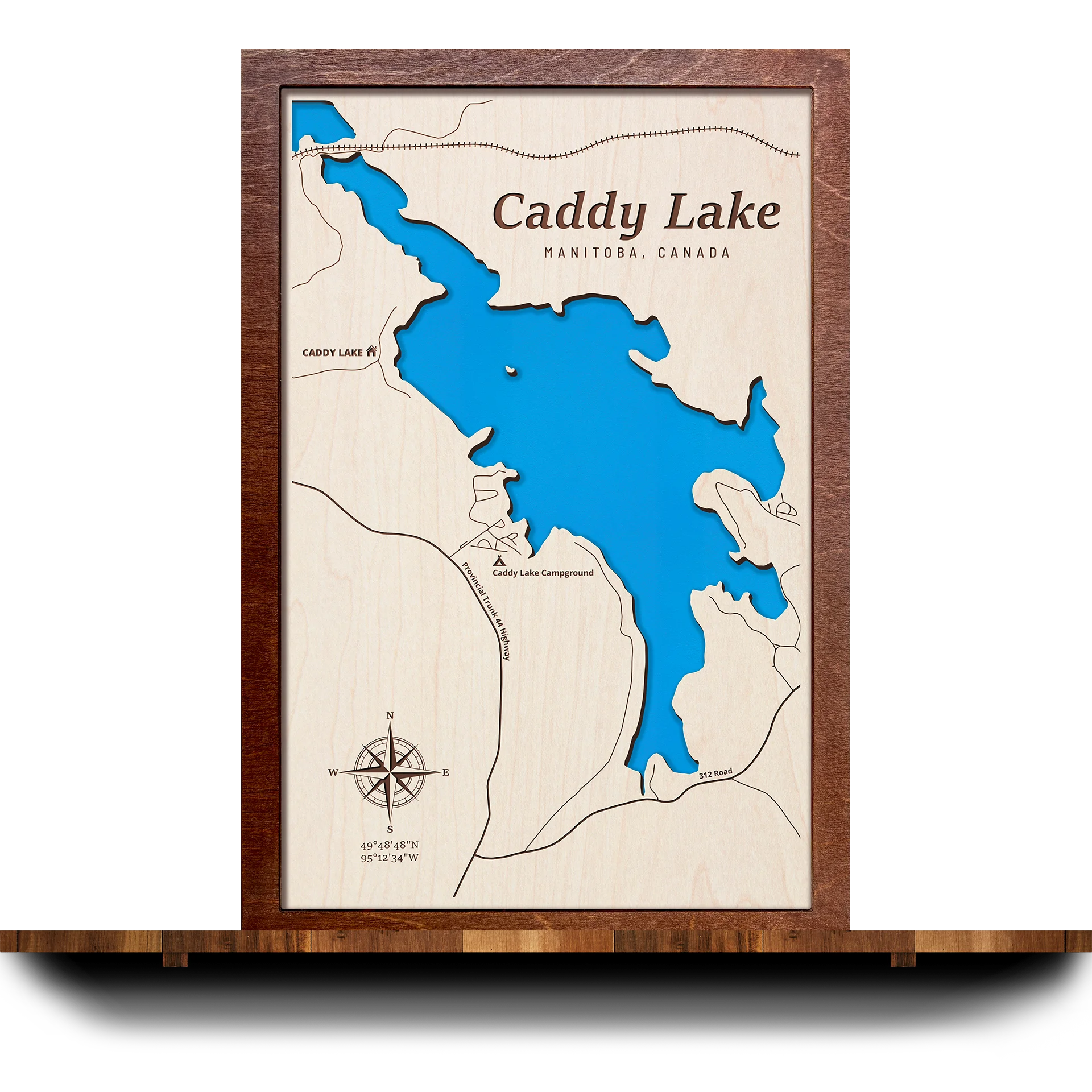 Handcrafted 3D wooden map of Caddy Lake Manitoba, one water level and plywood frame