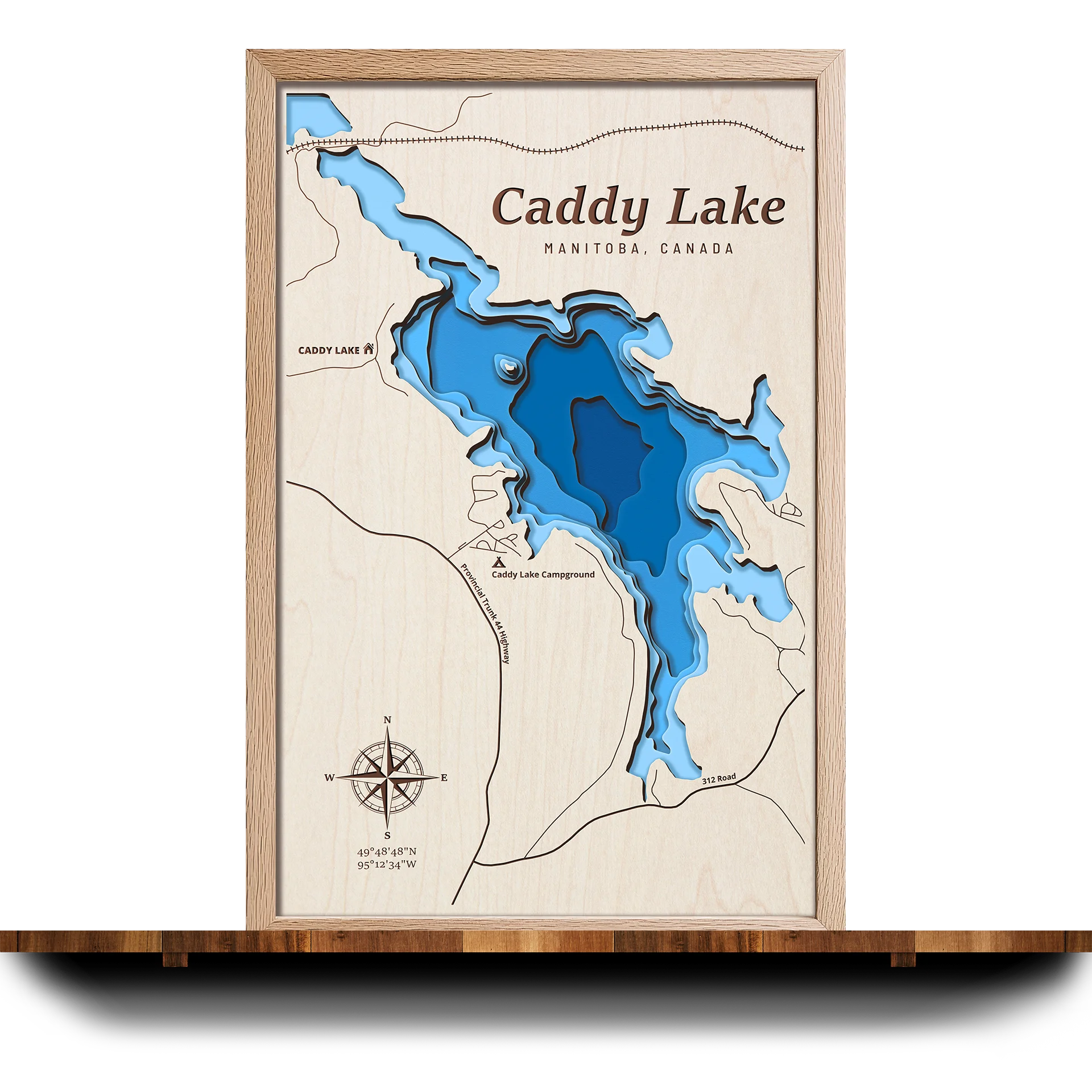 Handcrafted 3D wooden map of Caddy Lake Manitoba, 5 water levels and oak frame
