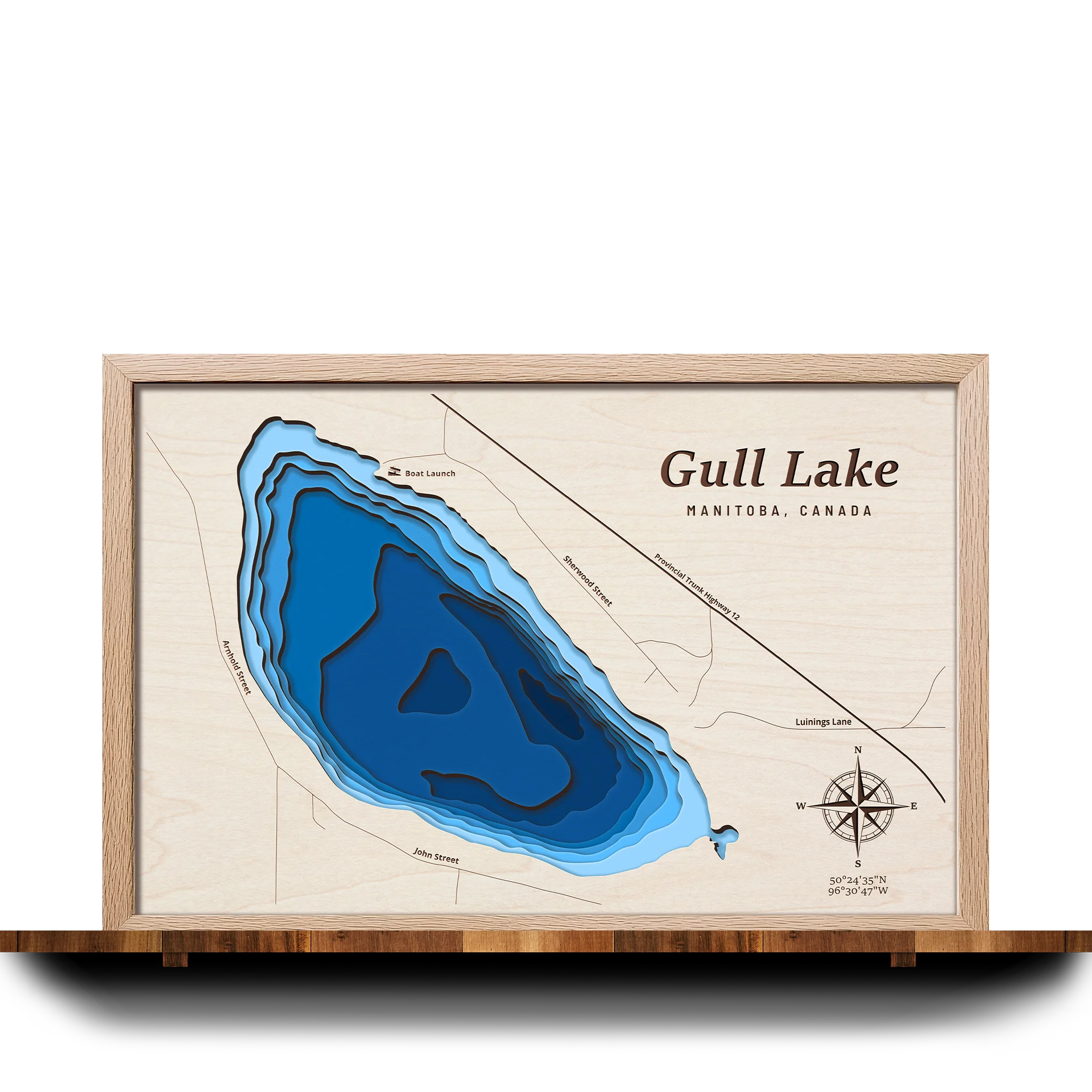 Handcrafted 3D wooden map of Gull Lake Manitoba, 7 water levels and oak frame