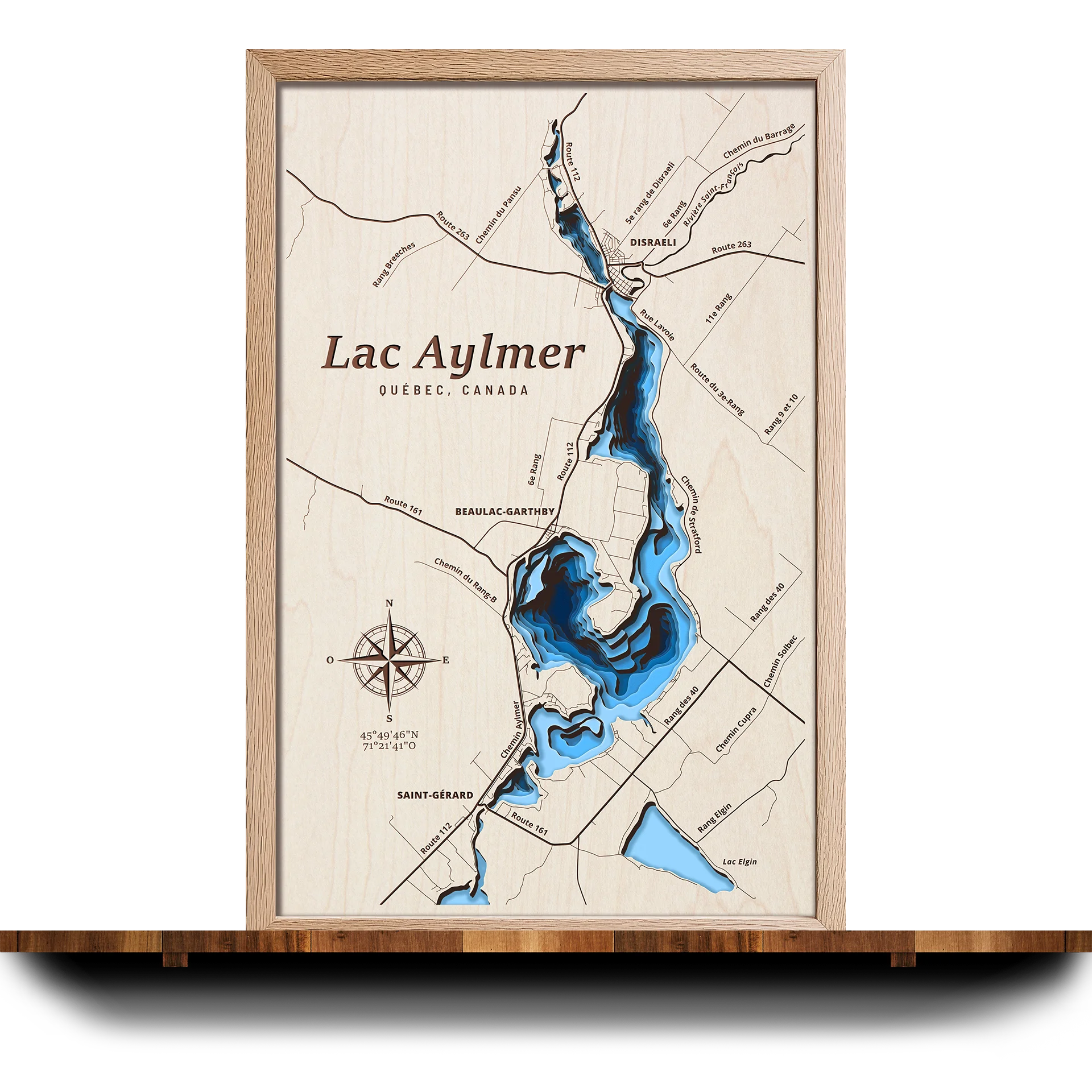 Handcrafted 3D wooden map of Lac Aylmer Québec, 7 water levels and oak frame