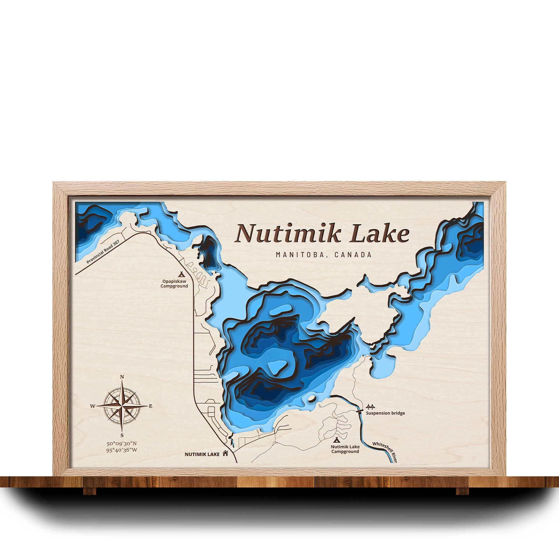 Handcrafted 3D wooden map of Nutimik Lake Manitoba, 7 water levels and oak frame