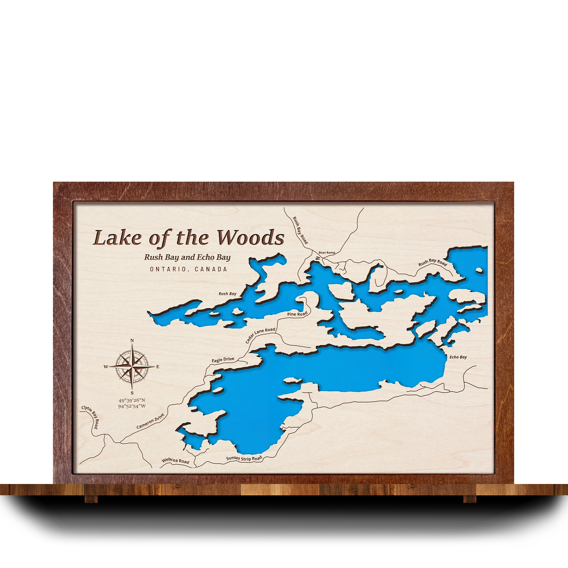 Handcrafted 3D wooden map of Lake of the Woods (Rush Bay and Echo Bay), Ontario, one water level and plywood frame