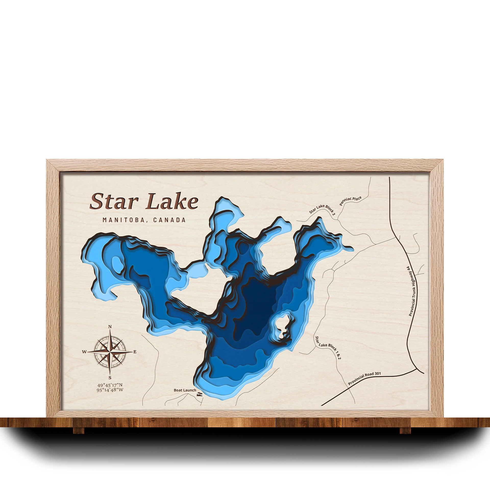 Handcrafted 3D wooden map of Star Lake Manitoba, 7 water levels and oak frame