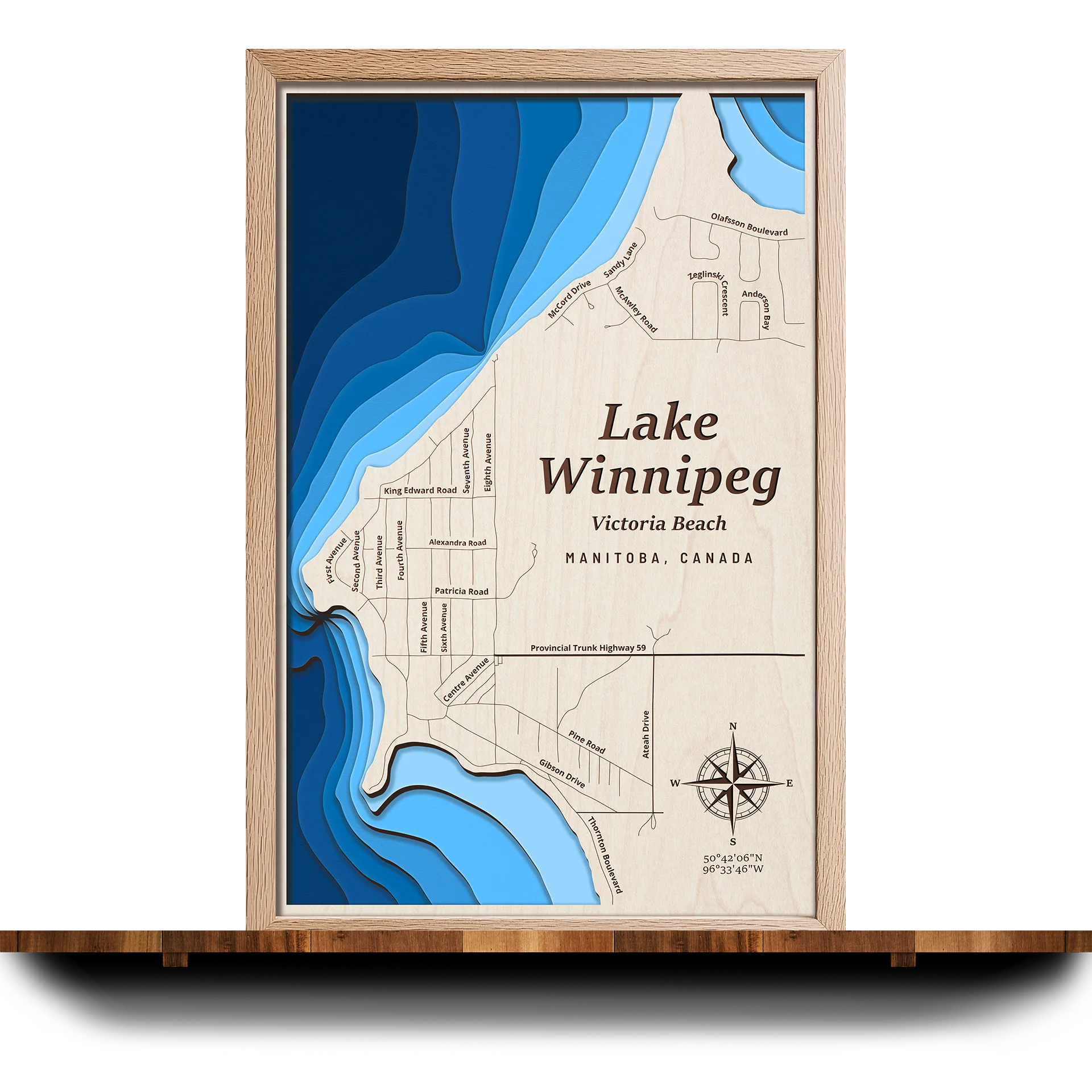 Handcrafted 3D wooden map of Lake Winnipeg (Victoria Beach) Manitoba, 7 water levels and oak frame