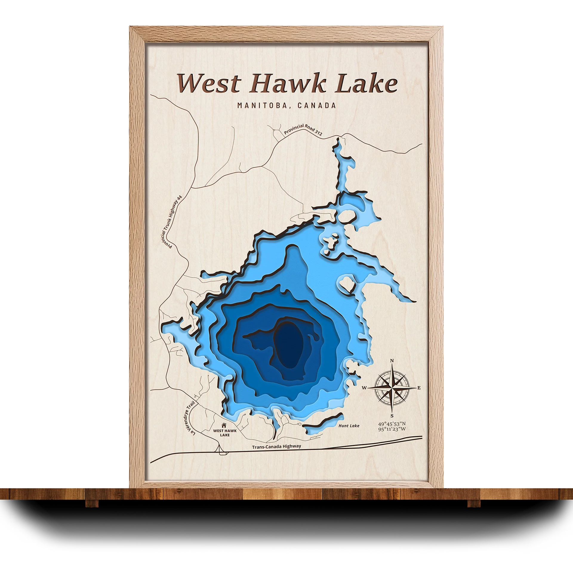 Handcrafted 3D wooden map of West Hawk Lake Manitoba, 7 water levels and oak frame