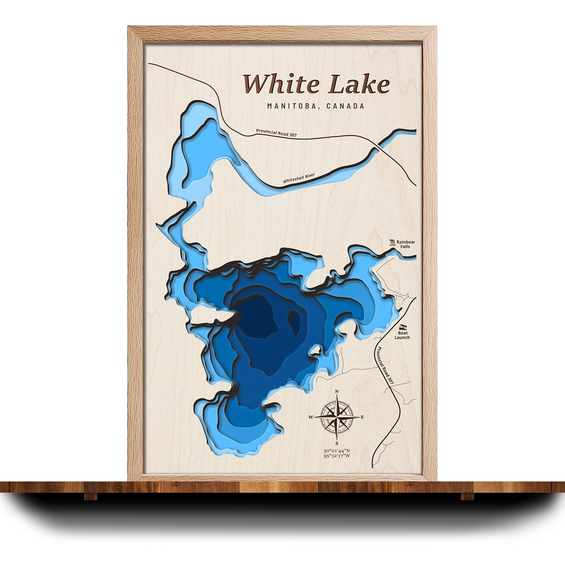 Handcrafted 3D wooden map of White Lake Manitoba, 7 water levels and oak frame