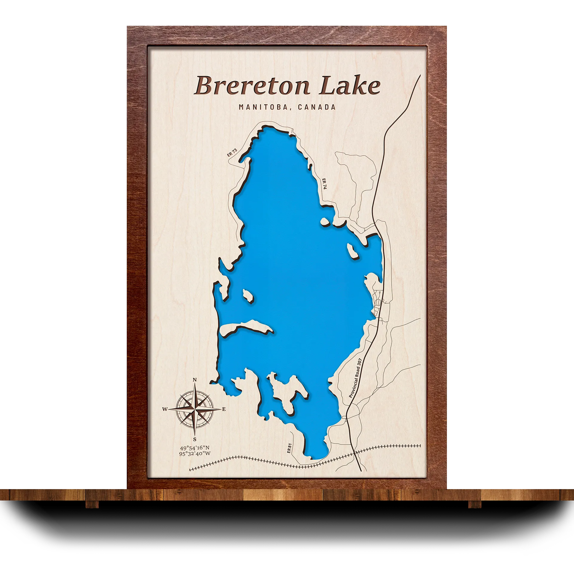 Handcrafted 3D wooden map of Brereton Lake Manitoba, one water level and plywood frame