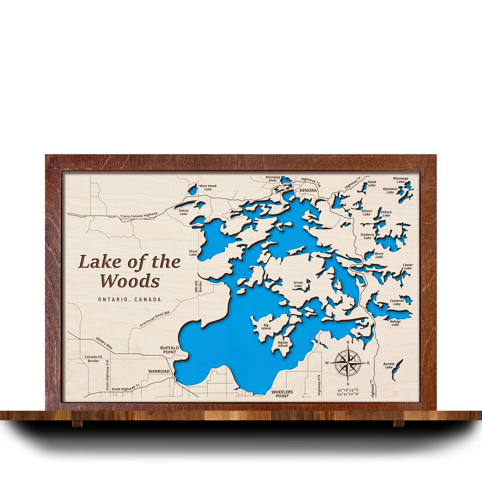 Handcrafted 3D wooden map of Lake of the Woods, Ontario, one water level and plywood frame