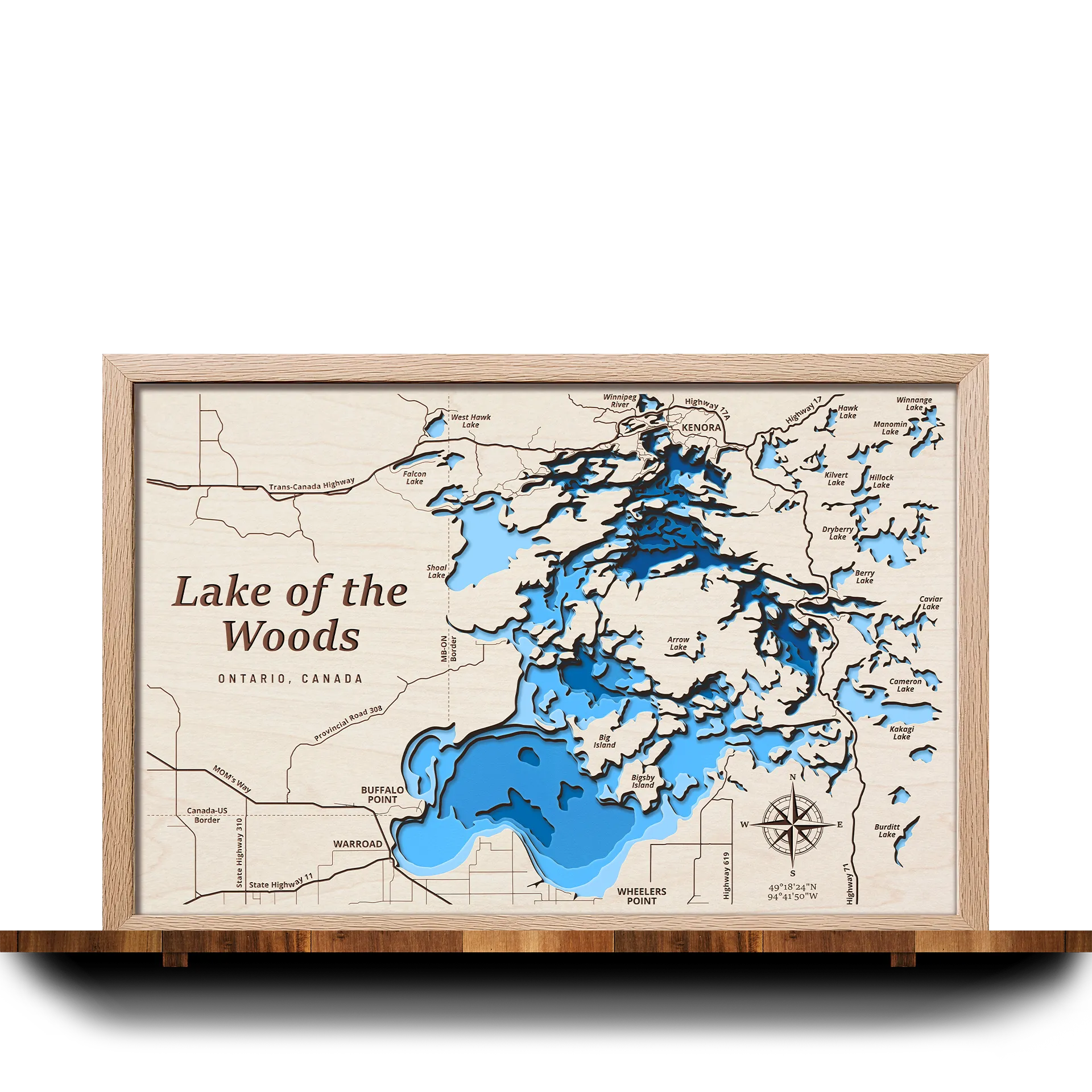 Handcrafted 3D wooden map of Lake of the Woods, Ontario, 5 water levels and oak frame