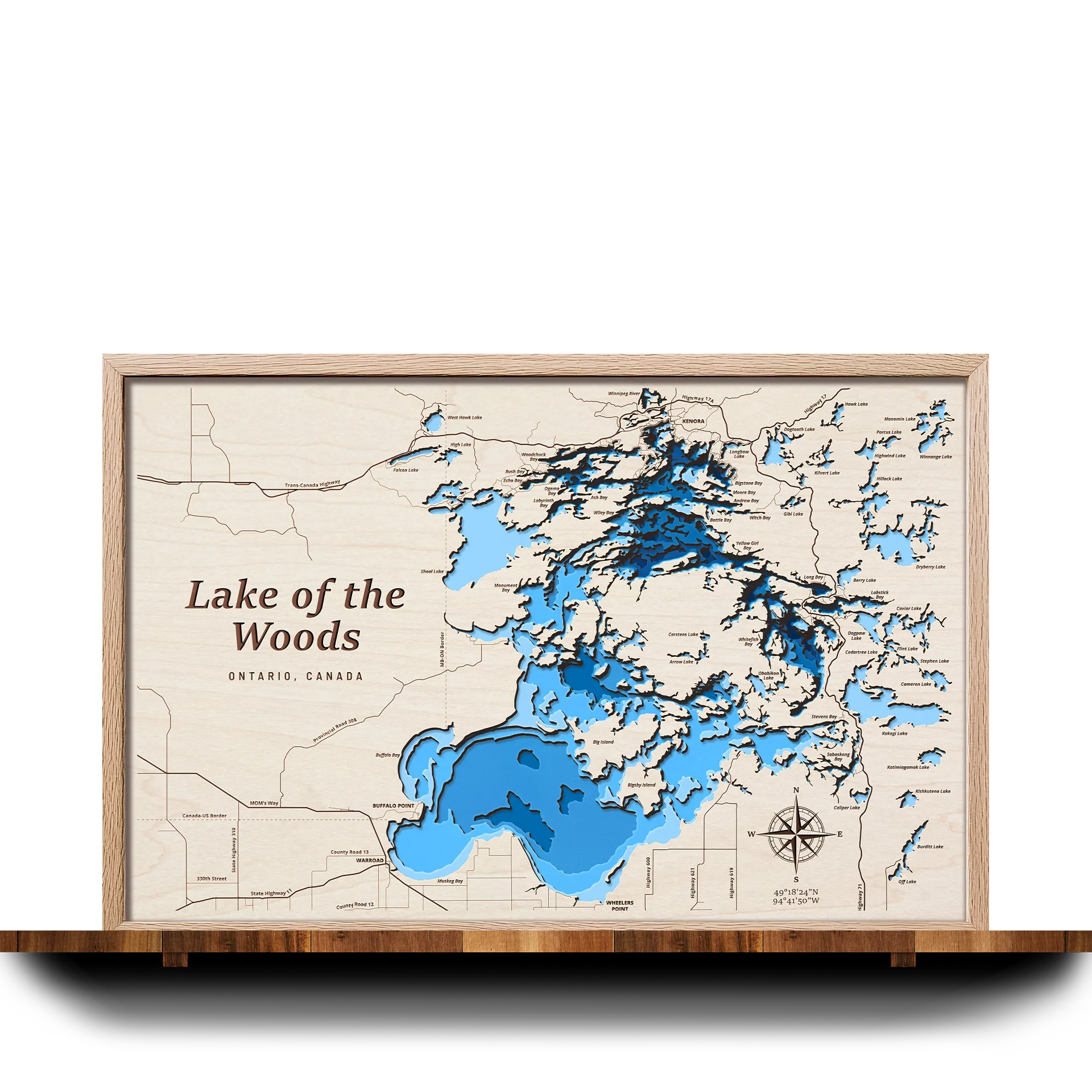 Handcrafted 3D wooden map of Lake of the Woods, Ontario, 7 water levels and oak frame