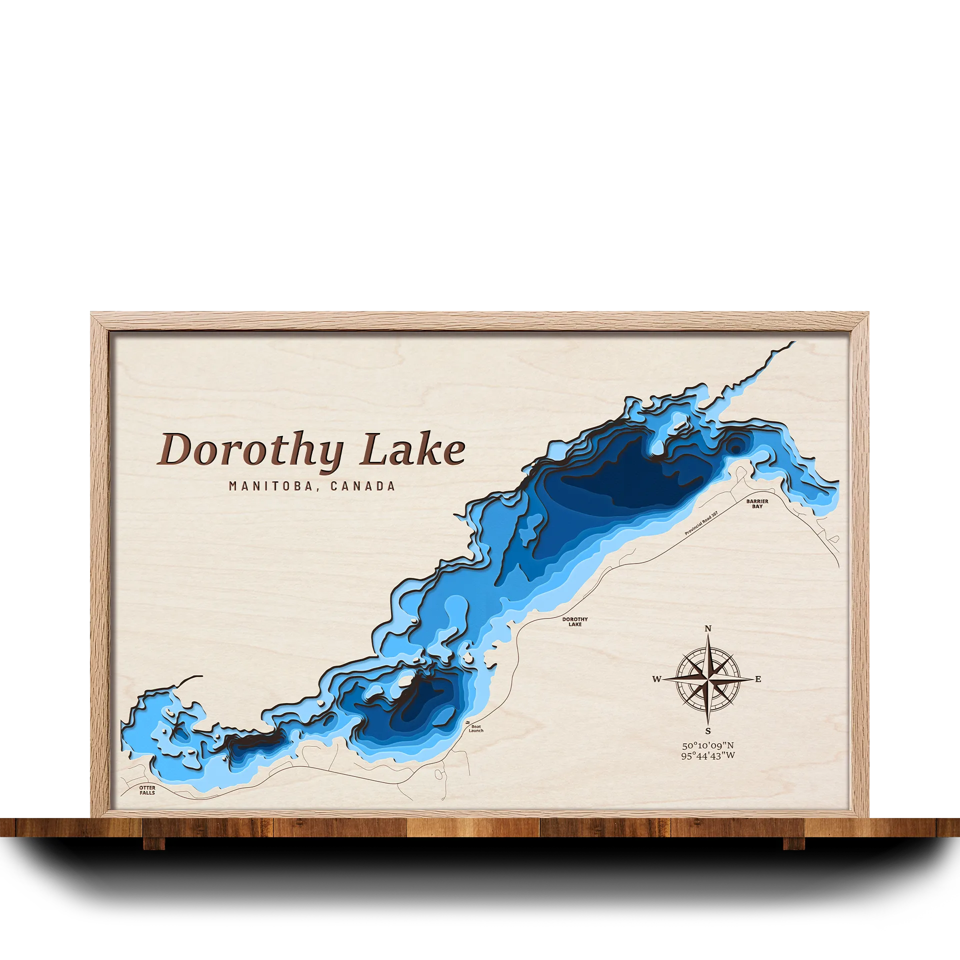 Handcrafted 3D wooden map of Dorothy Lake Manitoba, 7 water levels and oak frame