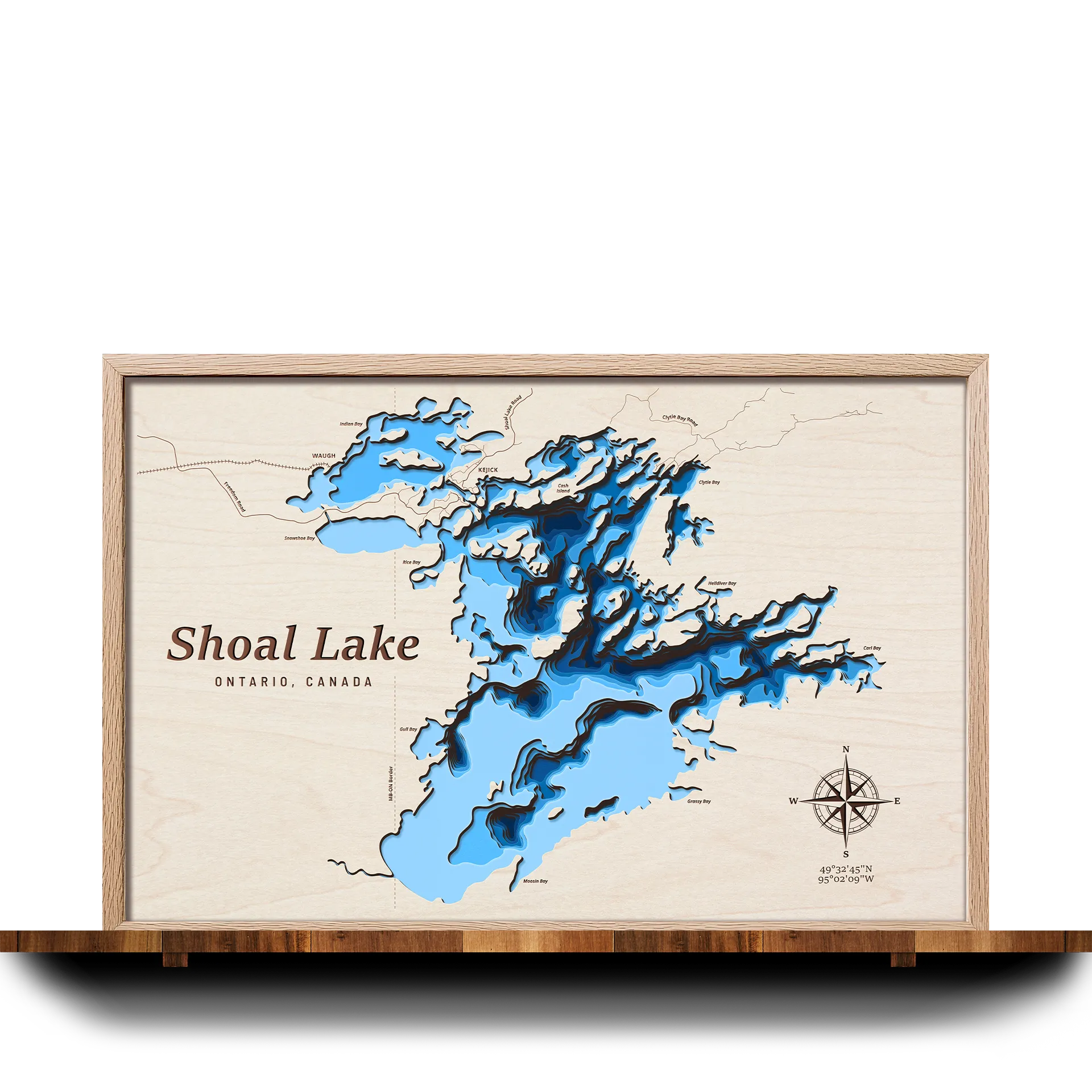 Handcrafted 3D wooden map of Shoal Lake, Ontario, 7 water levels and oak frame
