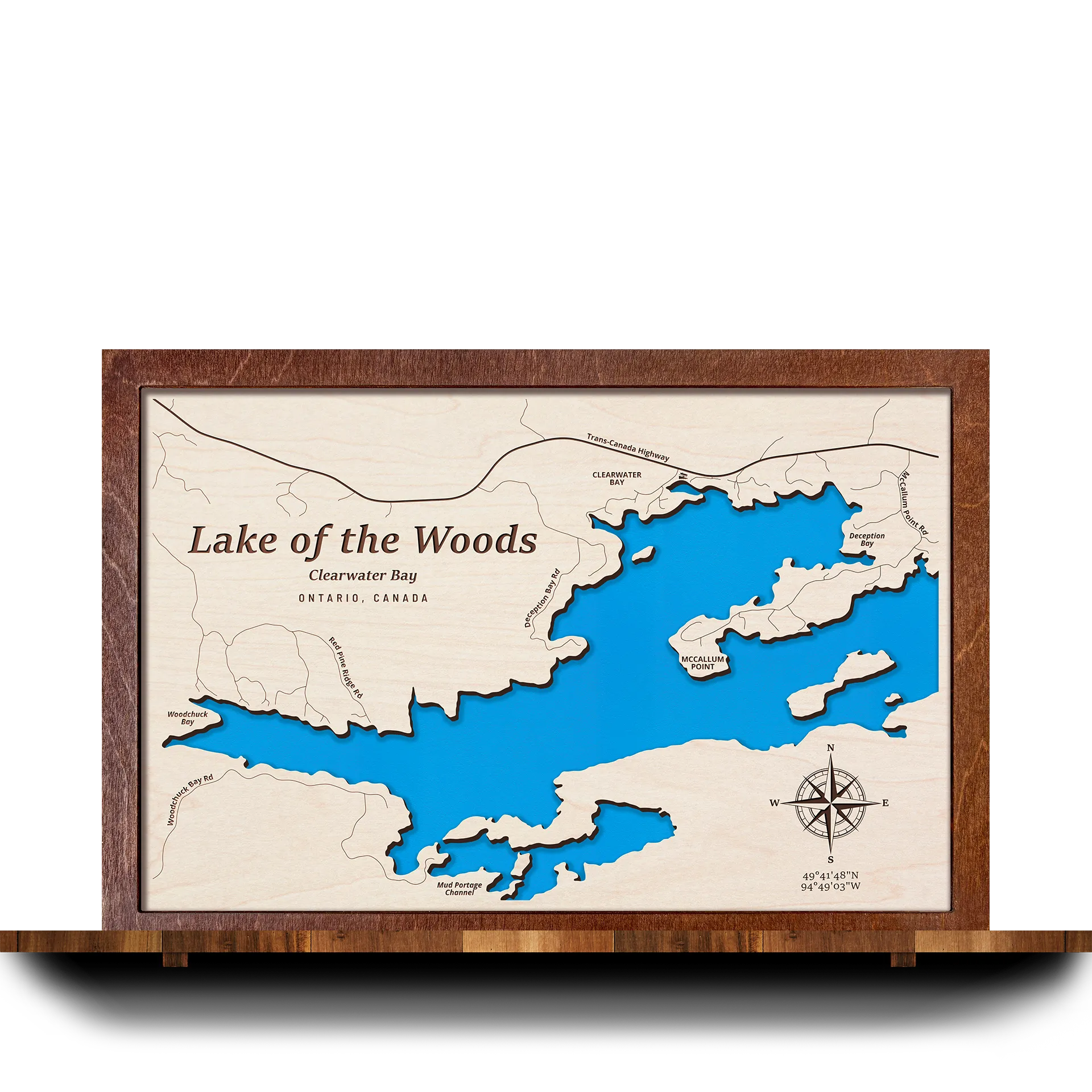 Handcrafted 3D wooden map of Lake of the Woods (Clearwater, Deception, and Woodchuck Bays), Ontario, one water level and plywood frame