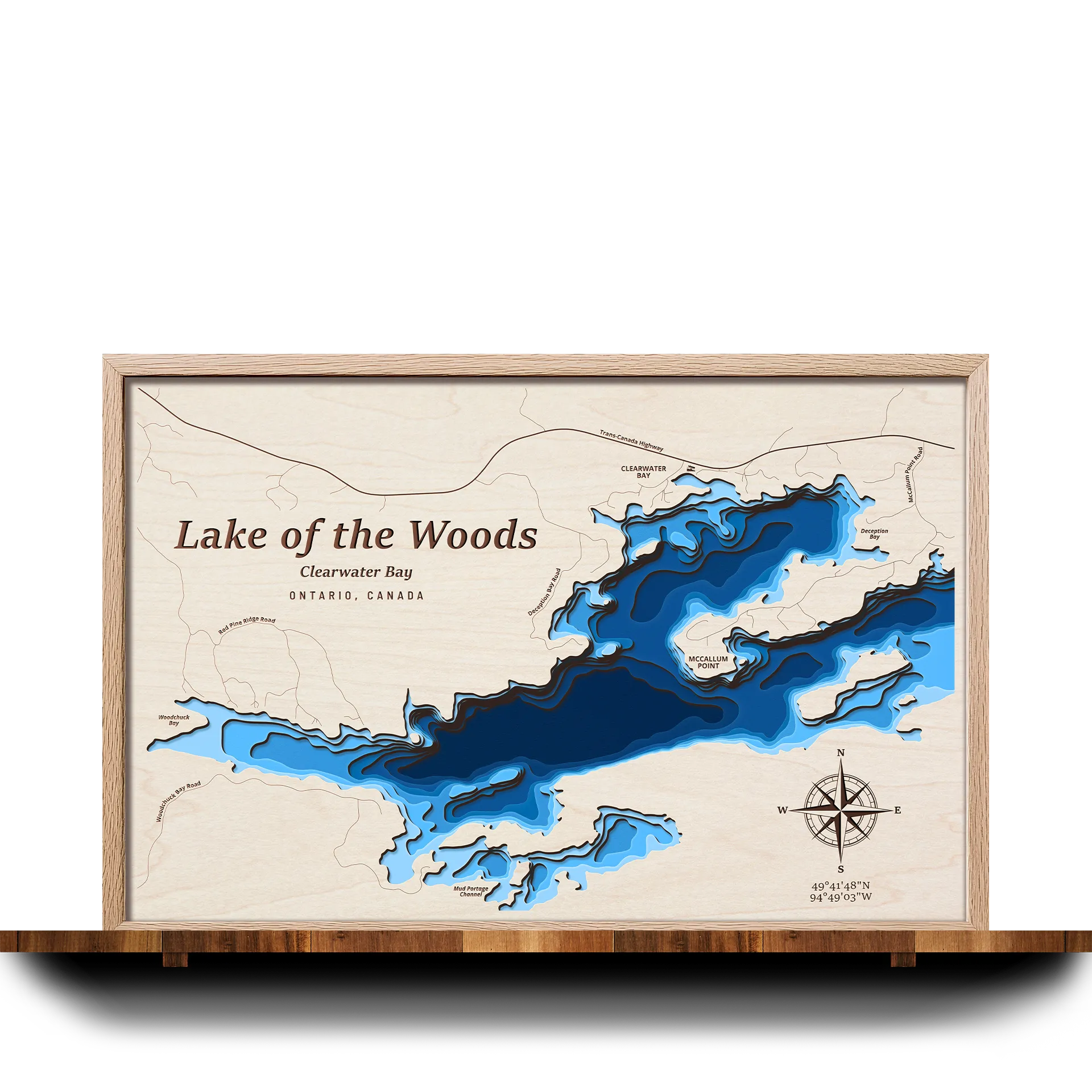 Handcrafted 3D wooden map of Lake of the Woods (Clearwater, Deception, and Woodchuck Bays), Ontario, 7 water levels and oak frame