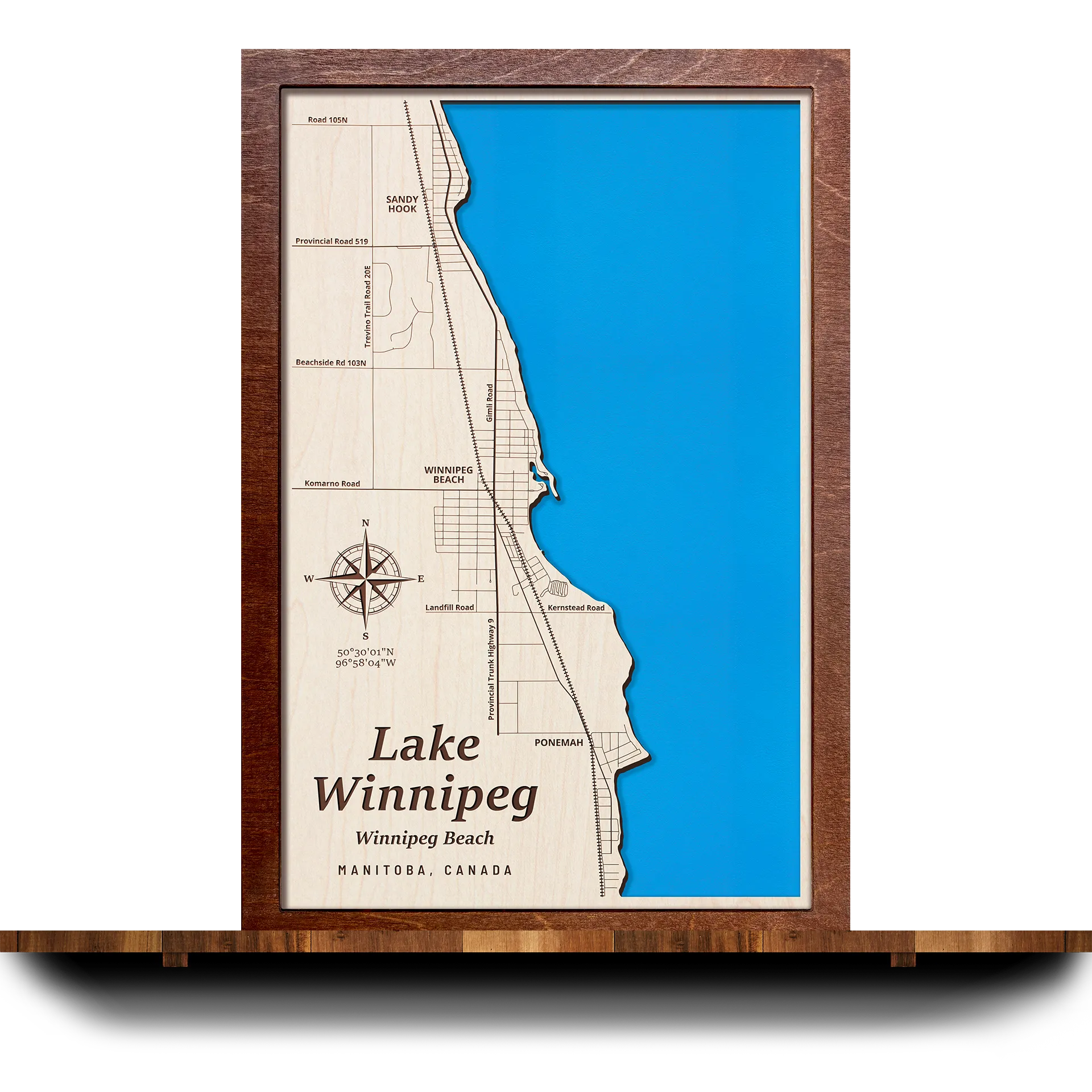Handcrafted 3D wooden map of Lake Winnipeg (Winnipeg Beach) Manitoba, one water level and plywood frame