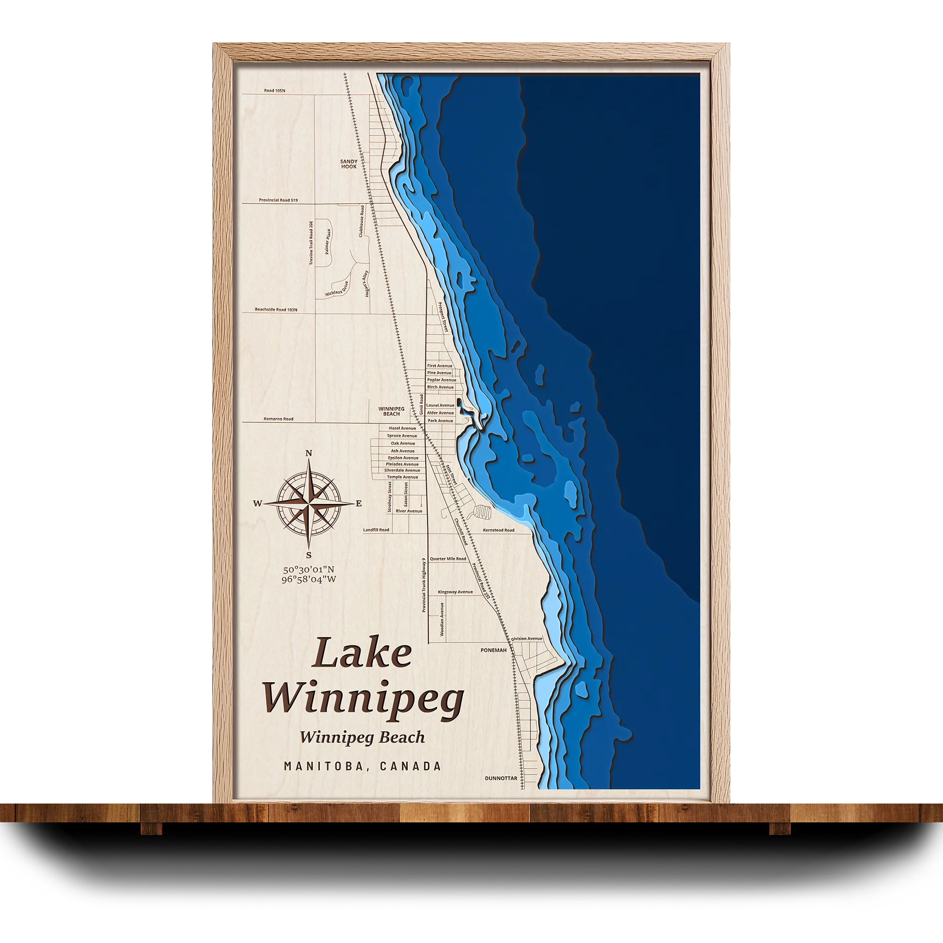 Handcrafted 3D wooden map of Lake Winnipeg (Winnipeg Beach) Manitoba, 7 water levels and oak frame