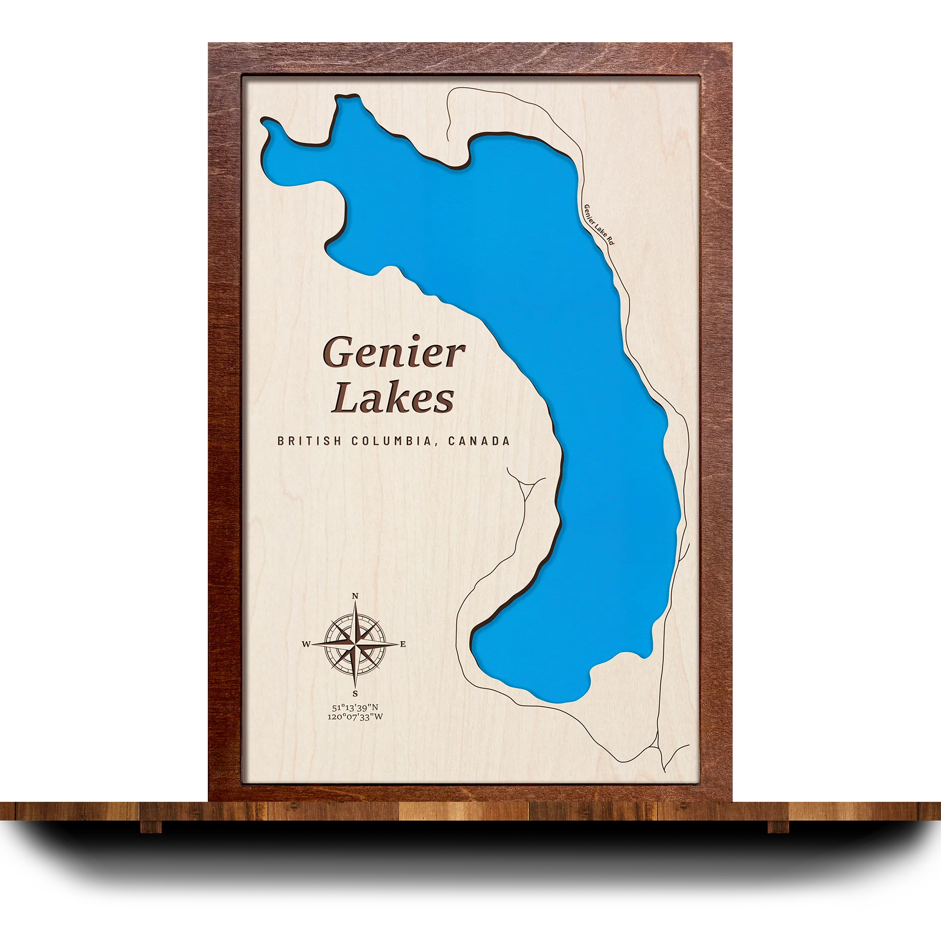 Handcrafted 3D wooden map of Genier Lakes, British Columbia, one water level and plywood frame