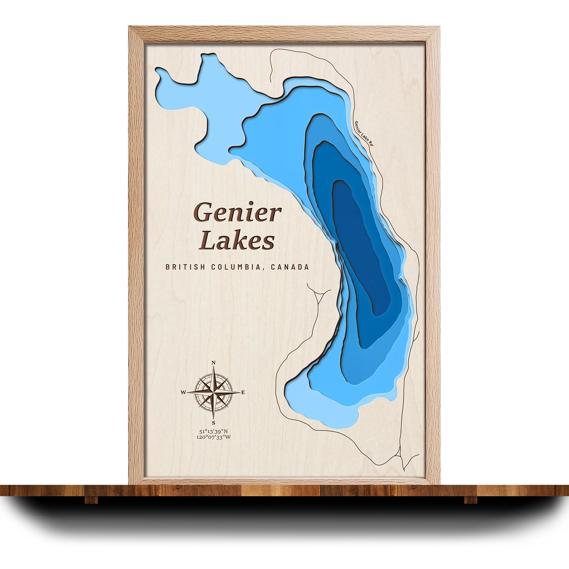 Handcrafted 3D wooden map of Genier Lakes, British Columbia, 5 water levels and oak frame