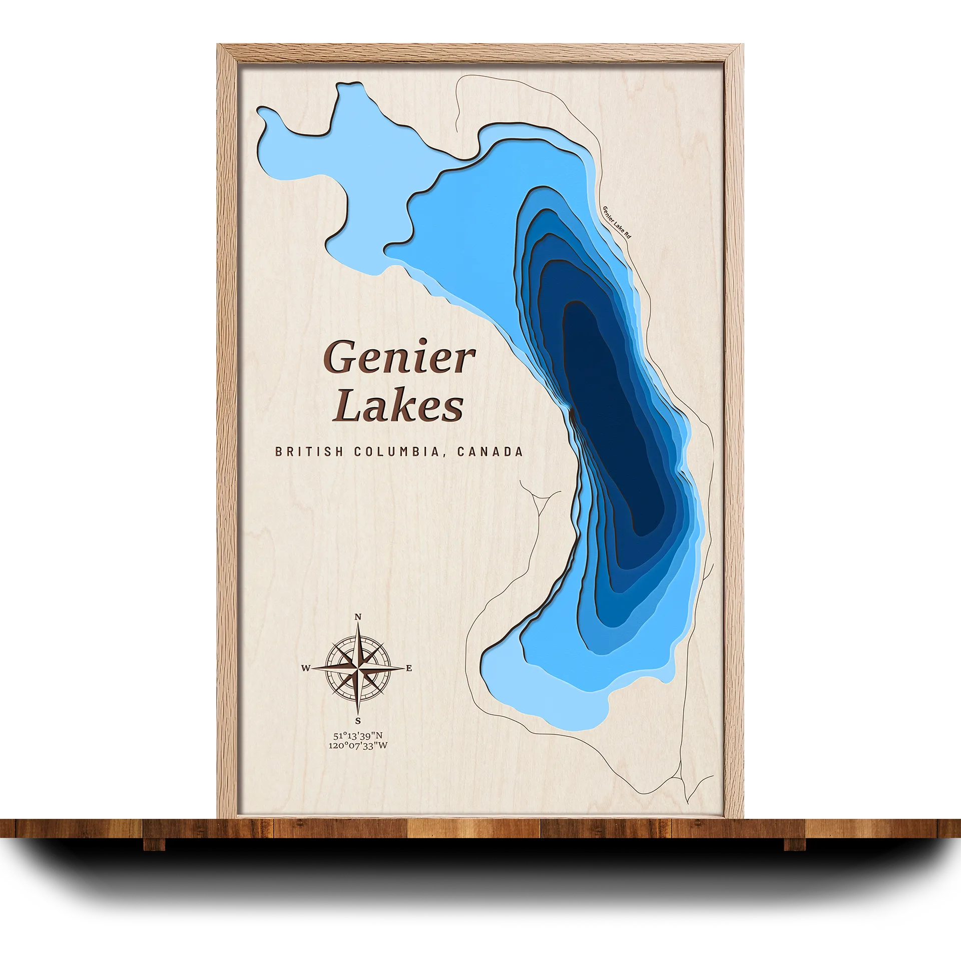 Handcrafted 3D wooden map of Genier Lakes, British Columbia, 7 water levels and oak frame