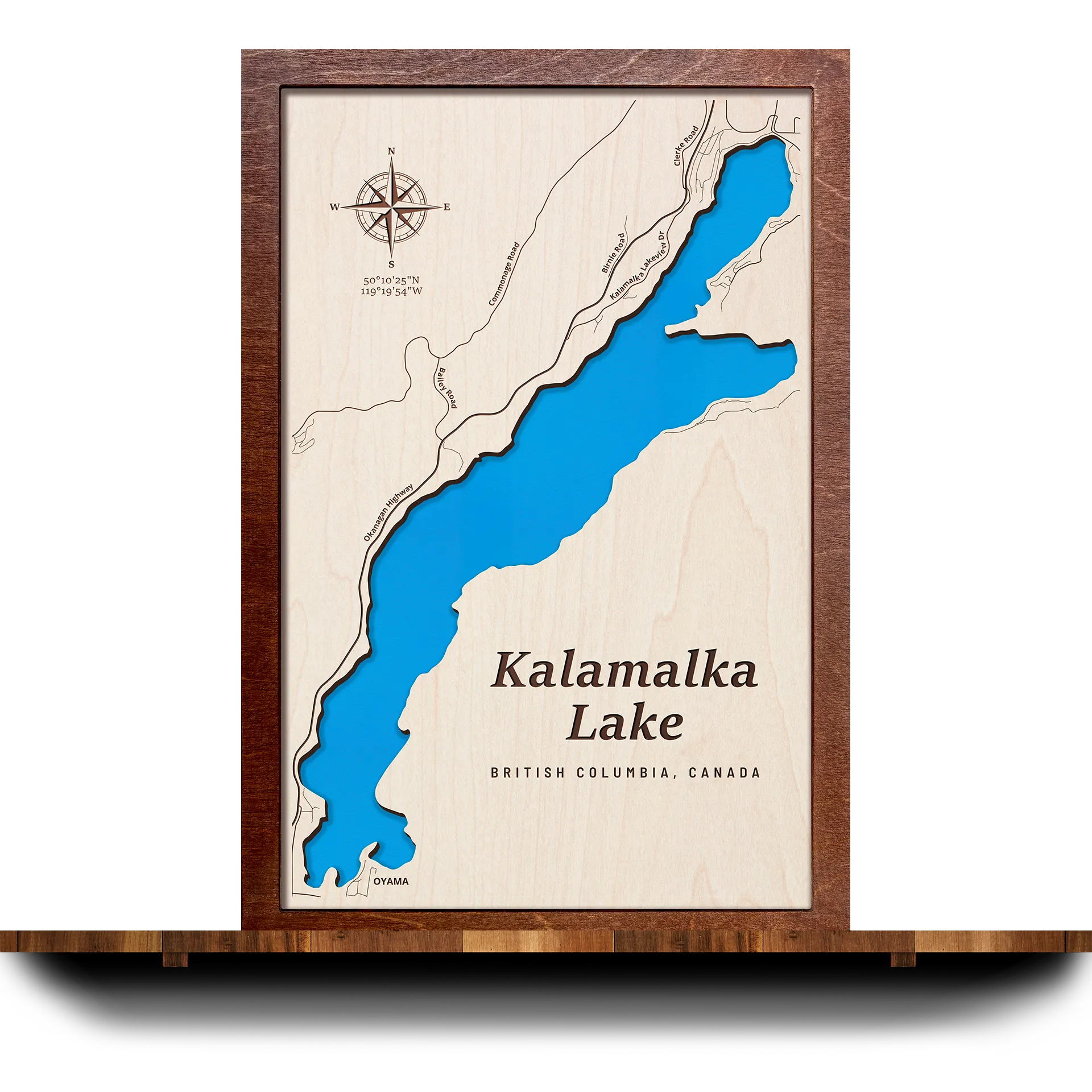 Handcrafted 3D wooden map of Kalamalka Lake, British Columbia, one water level and plywood frame