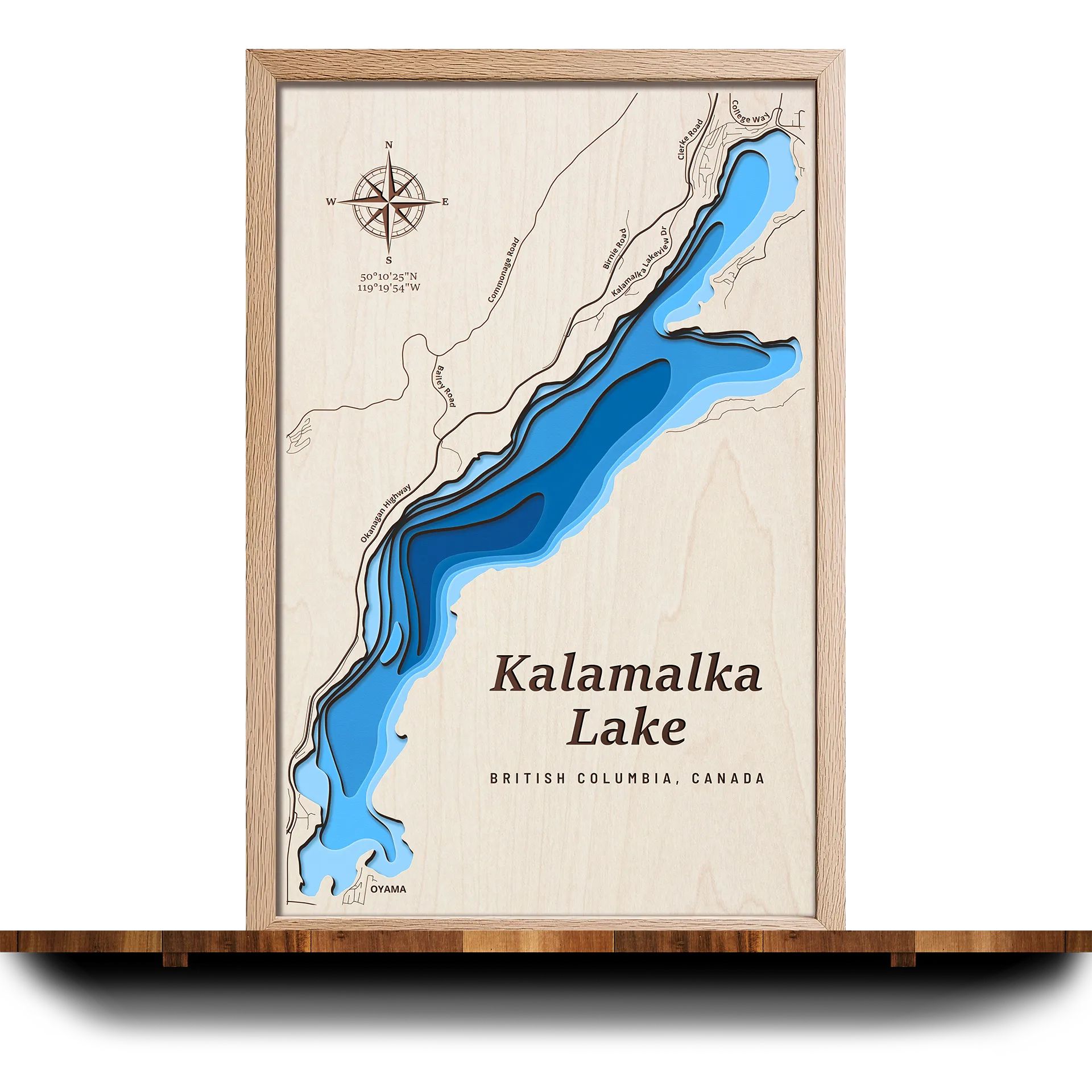 Handcrafted 3D wooden map of Kalamalka Lake, British Columbia, 5 water levels and oak frame