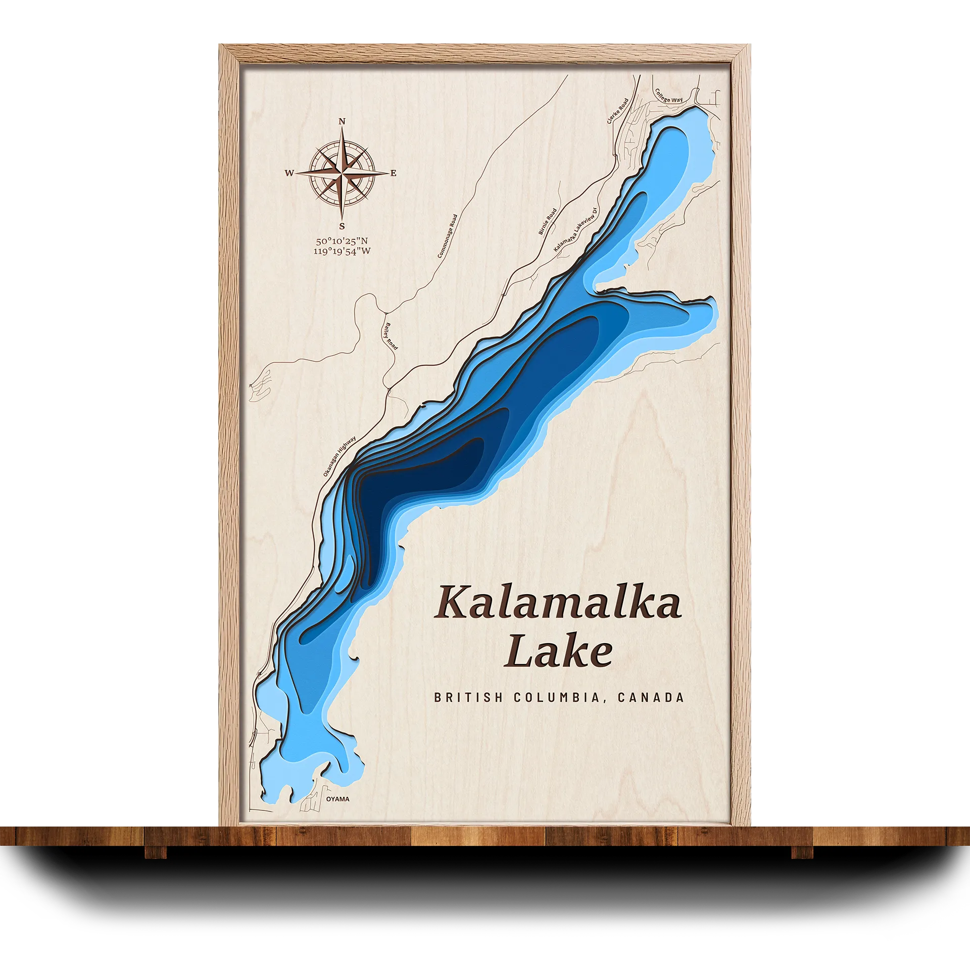 Handcrafted 3D wooden map of Kalamalka Lake, British Columbia, 7 water levels and oak frame